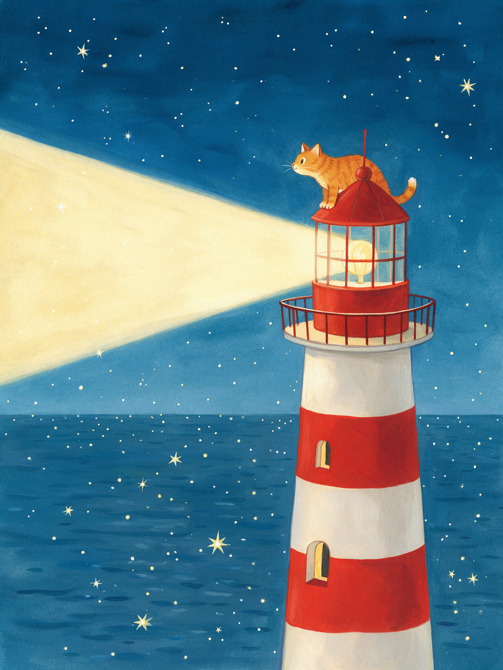 A ginger cat keeps watch from a lighthouse as the beam sweeps a starry sea
