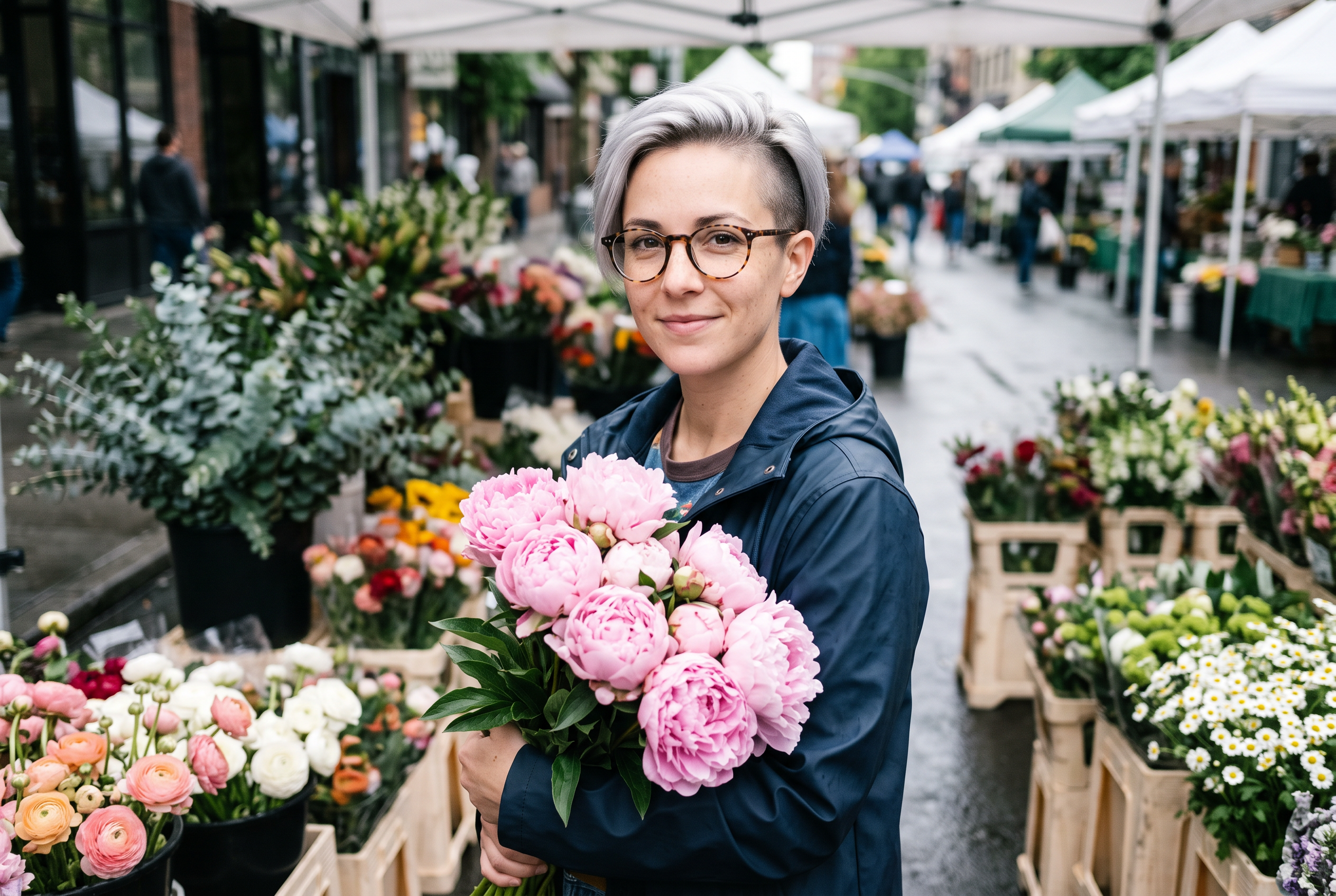 Mara holding peonies at a morning flower market
