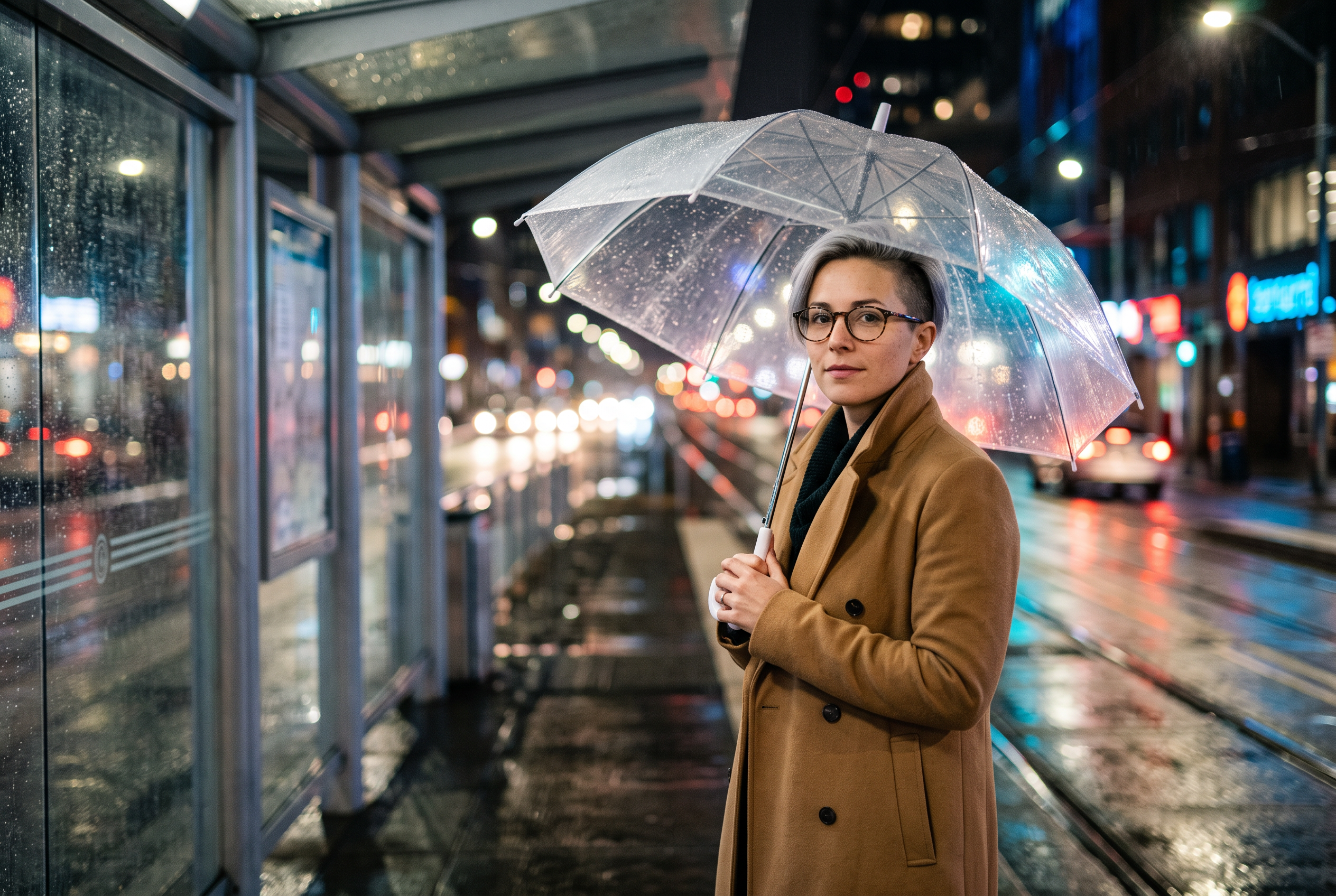 Mara under a clear umbrella at a tram stop on a rainy night