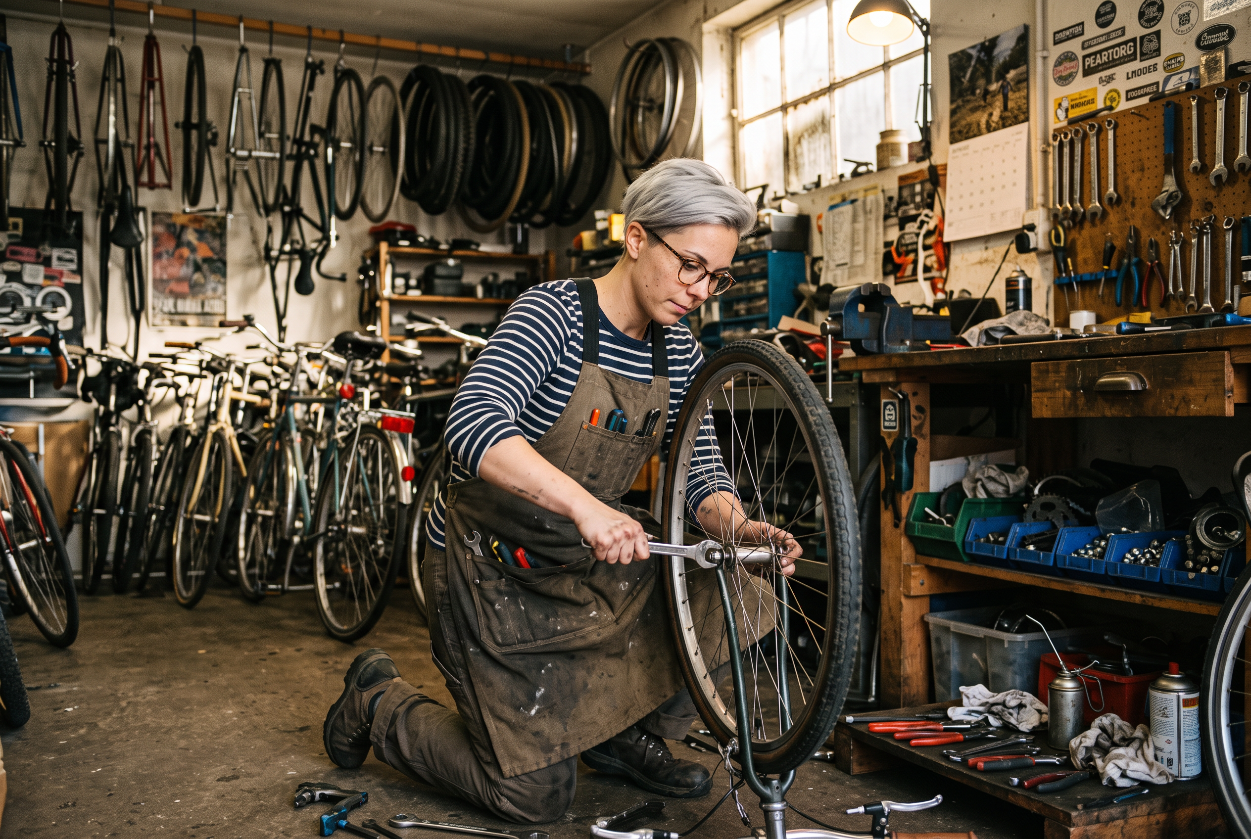 Mara fixing a bicycle in a cluttered workshop