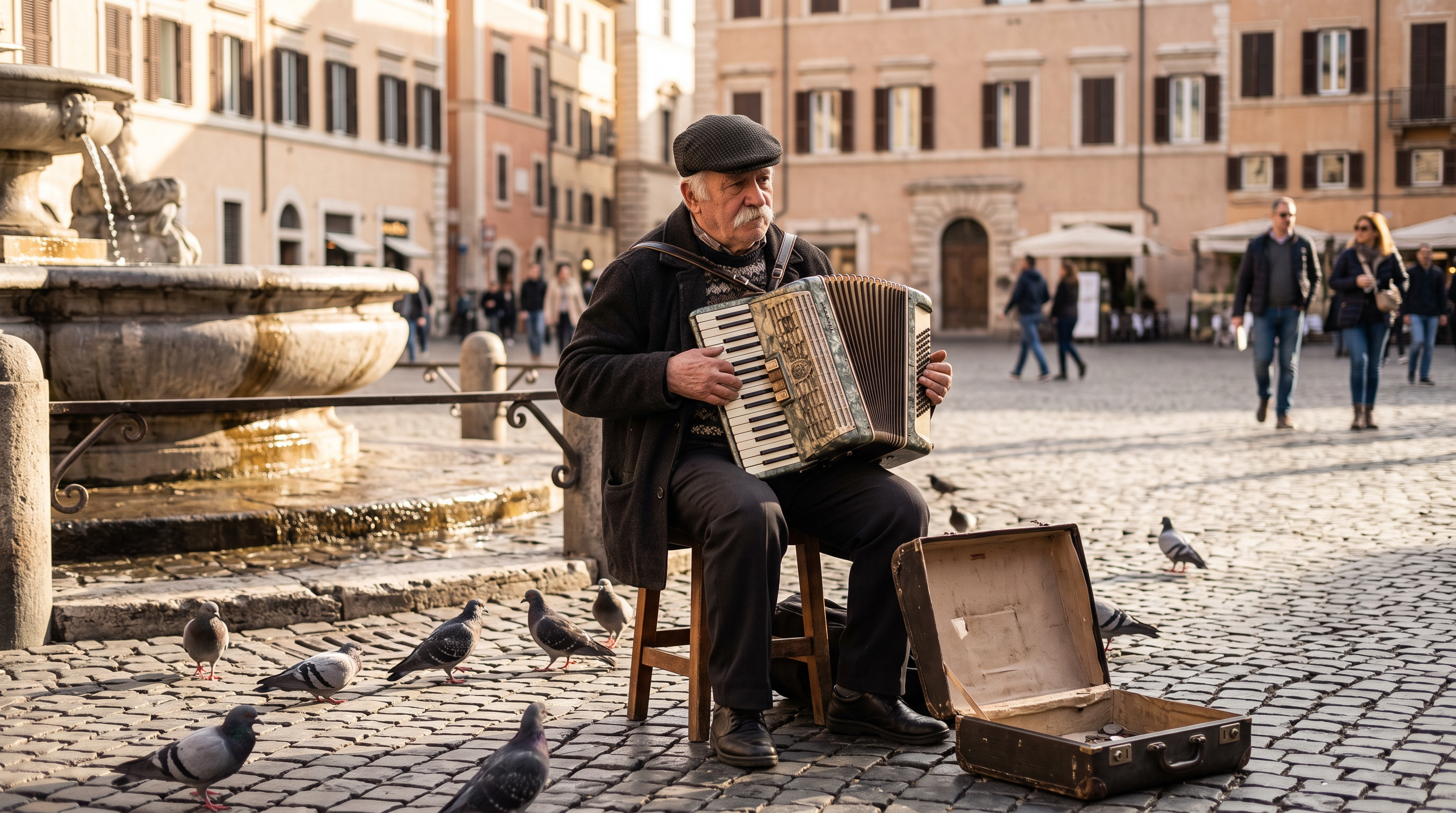 An accordion player in a flat cap and white mustache sits on a stool in a sunny cobbled square with pigeons at his feet