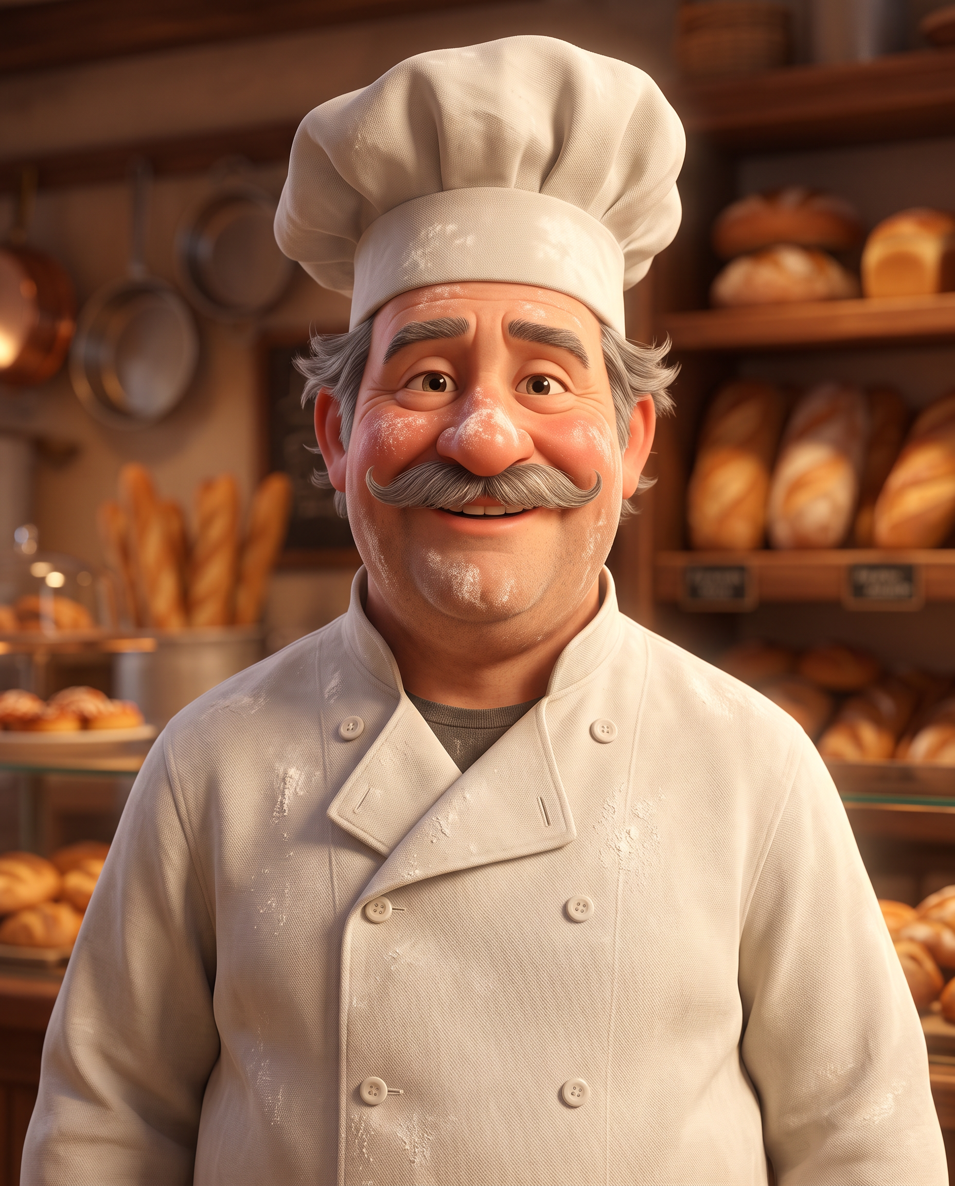 A cheerful 3D cartoon baker with a curled grey mustache, flour on his cheeks and a tall white hat in a warm bakery