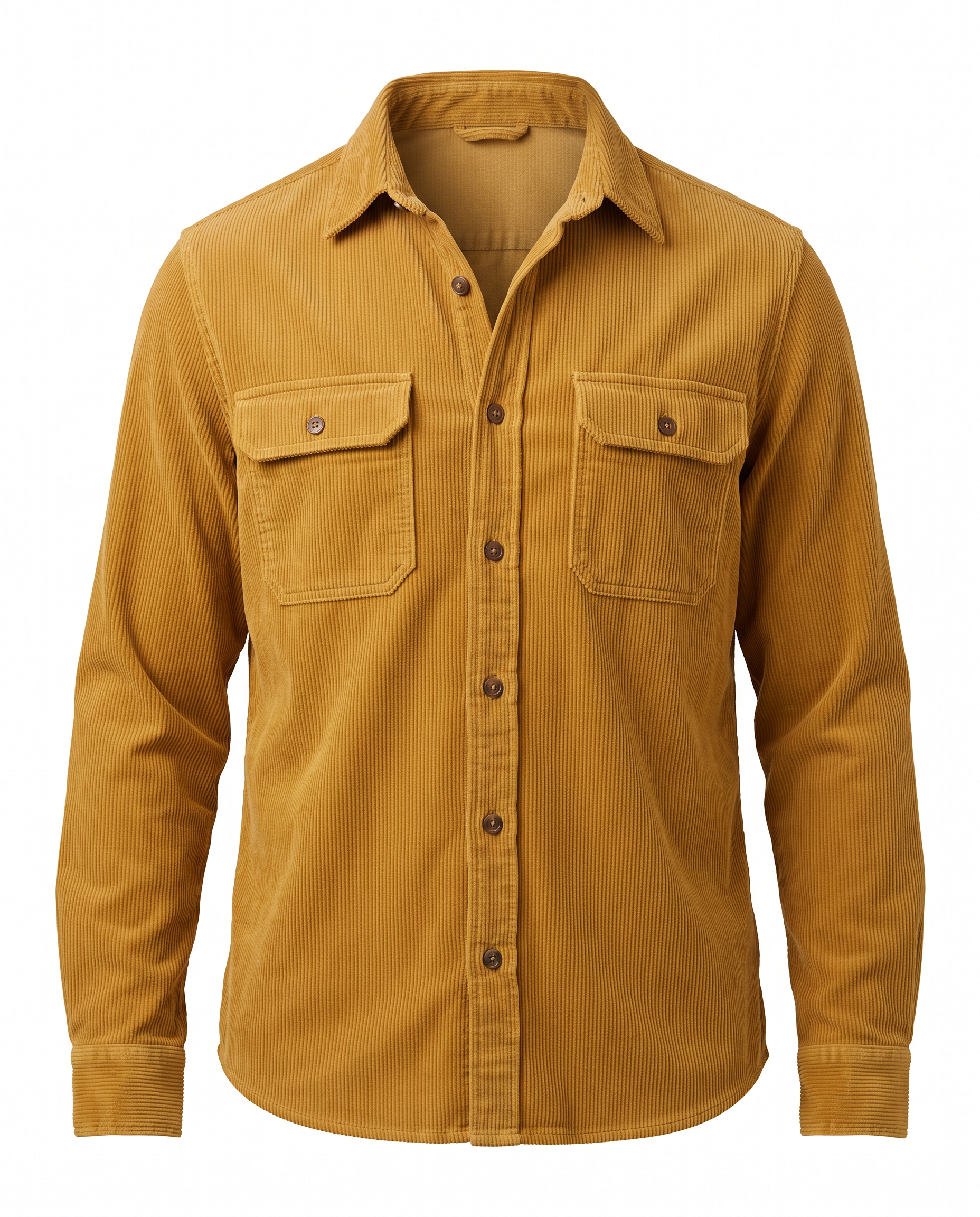 A mustard corduroy overshirt shown on an invisible body against pure white