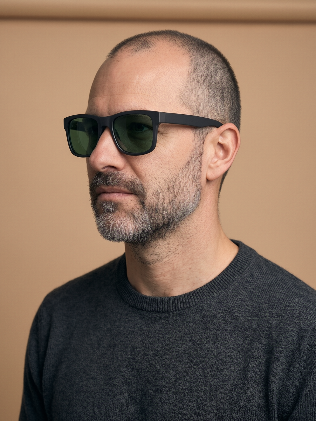 Step 4, new pose with Qwen Image 2 Edit: the man in three quarter profile looking left, sunglasses unchanged