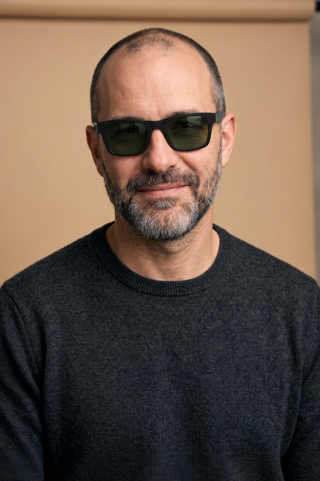 Step 3b, try on with GPT Image 2.5: the same man wearing the sunglasses in a taller portrait crop