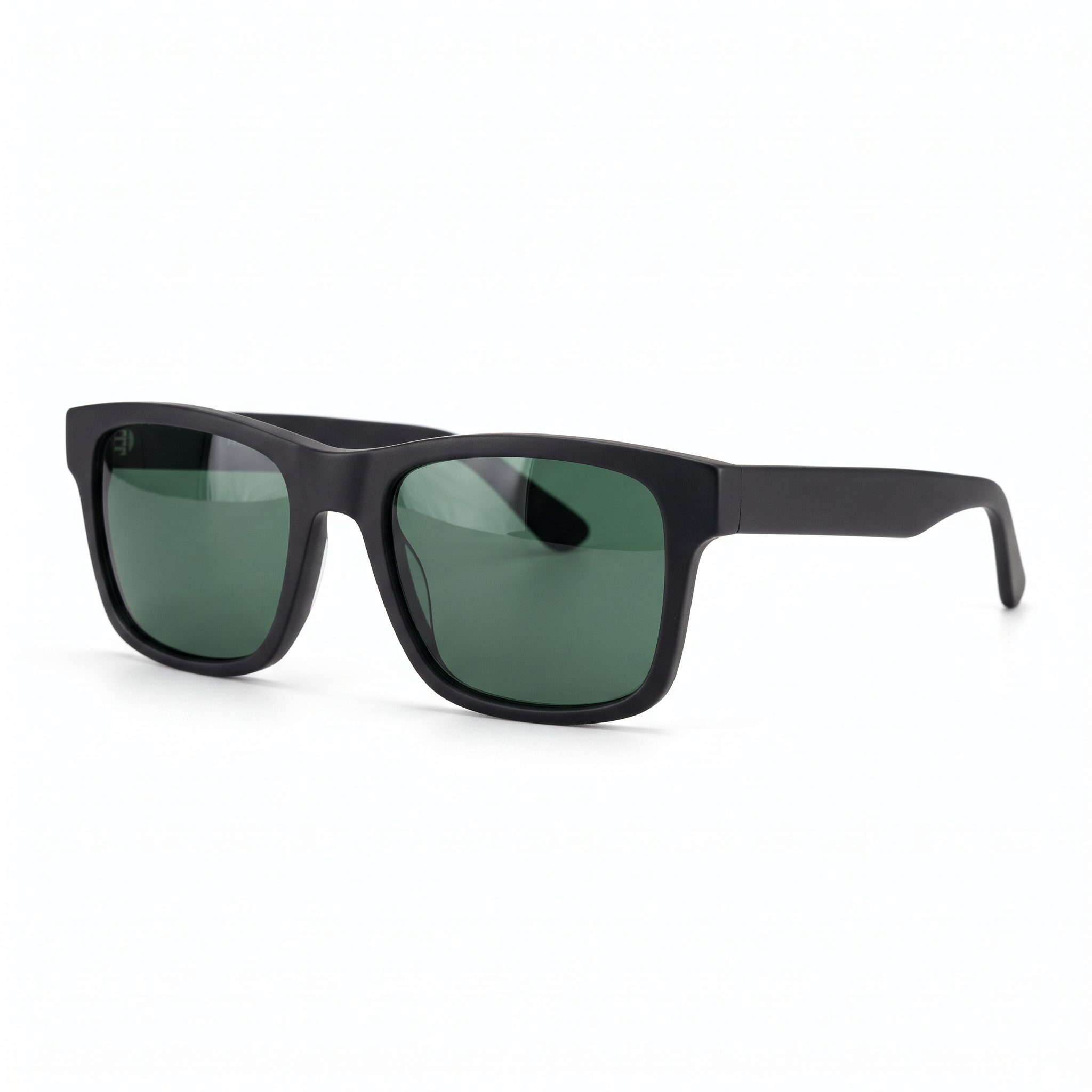 Step 1, the packshot on Nano Banana 2.1: matte black rectangular sunglasses with green lenses on white