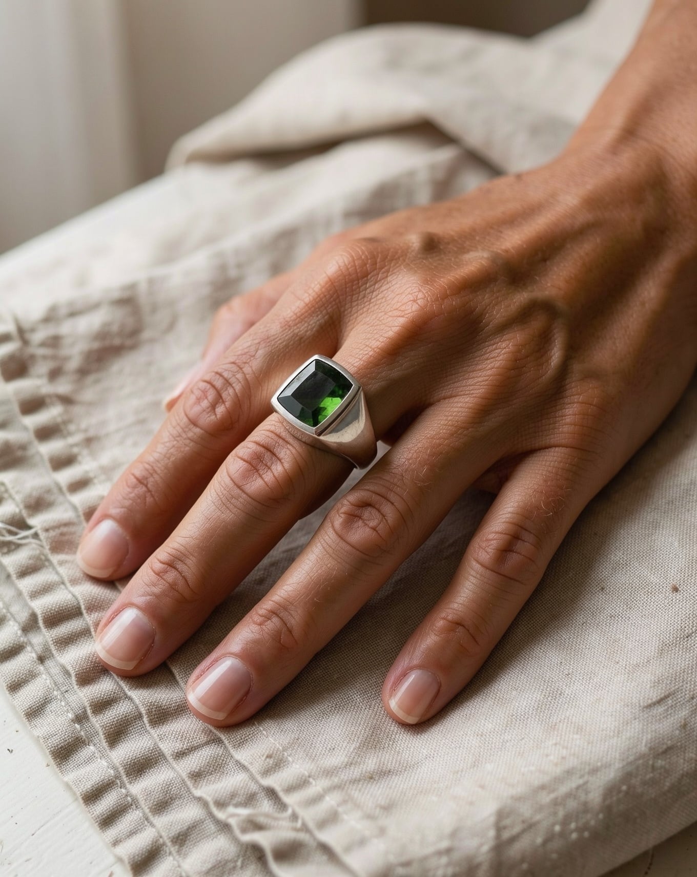 A hand wearing a chunky silver signet ring with a green stone rests on folded oatmeal linen in window light