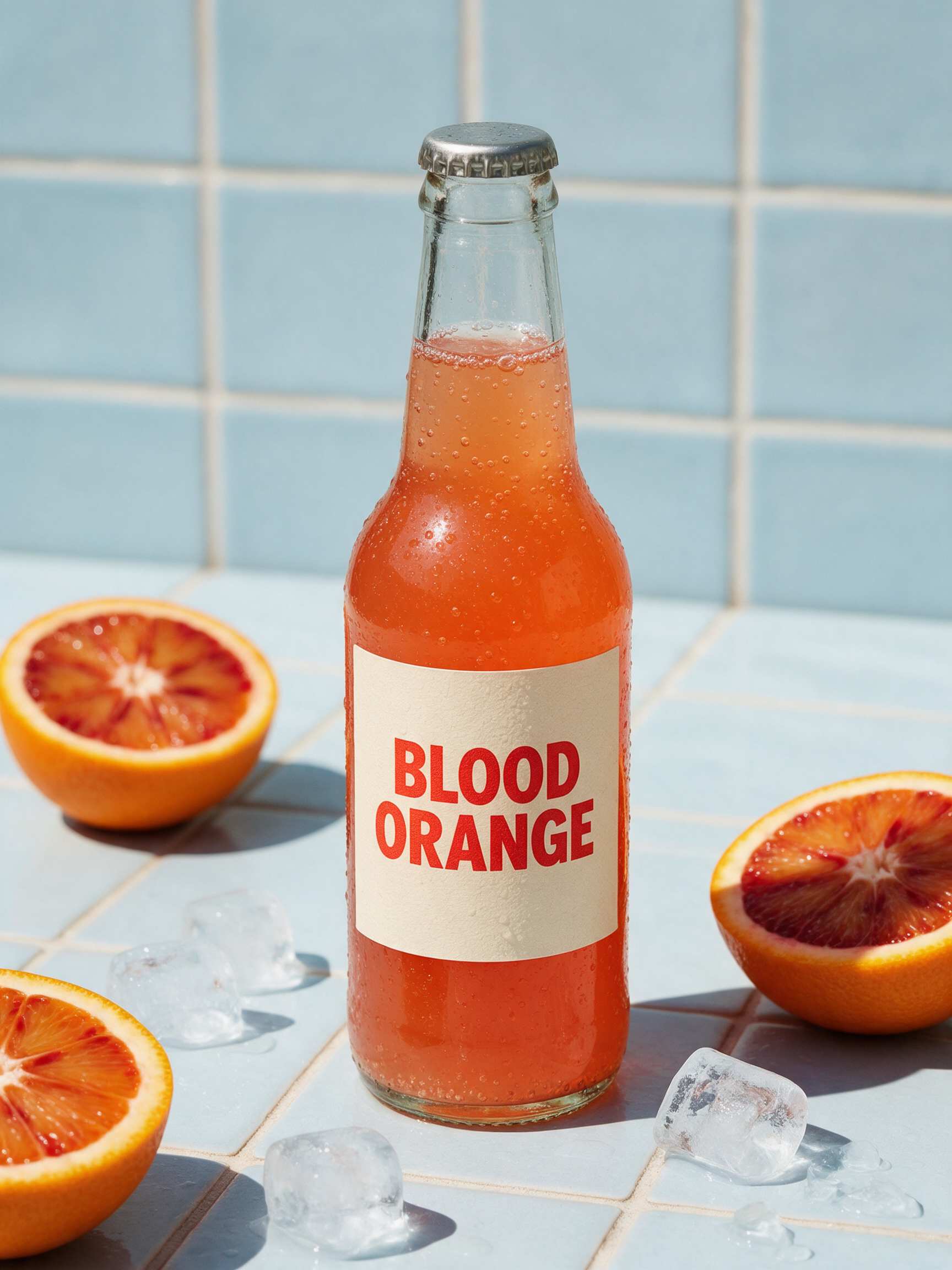 A glass bottle of blood orange soda with a cream label reading BLOOD ORANGE on pale blue tiles with halved oranges and ice