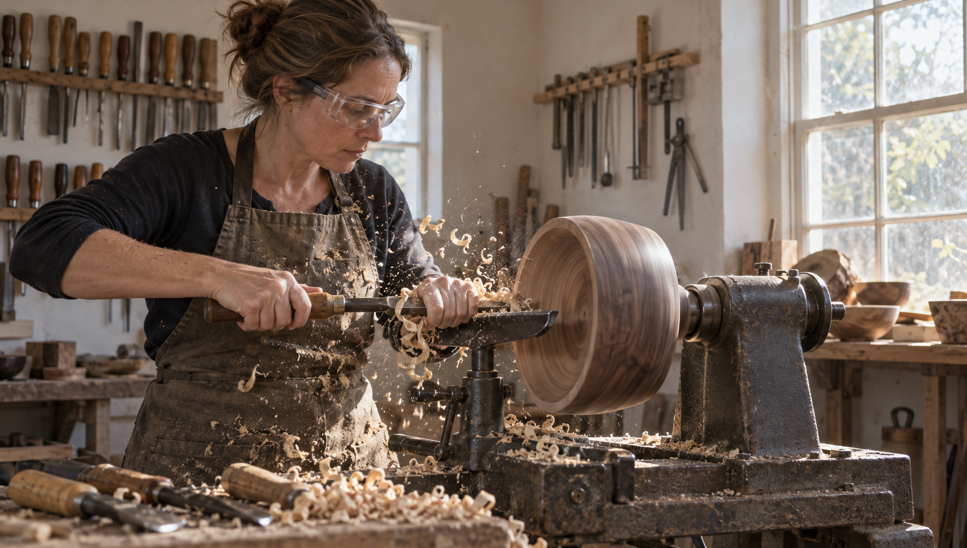 The still: a woodturner in safety glasses shapes a walnut bowl on an old lathe as shavings fly in a sunlit workshop