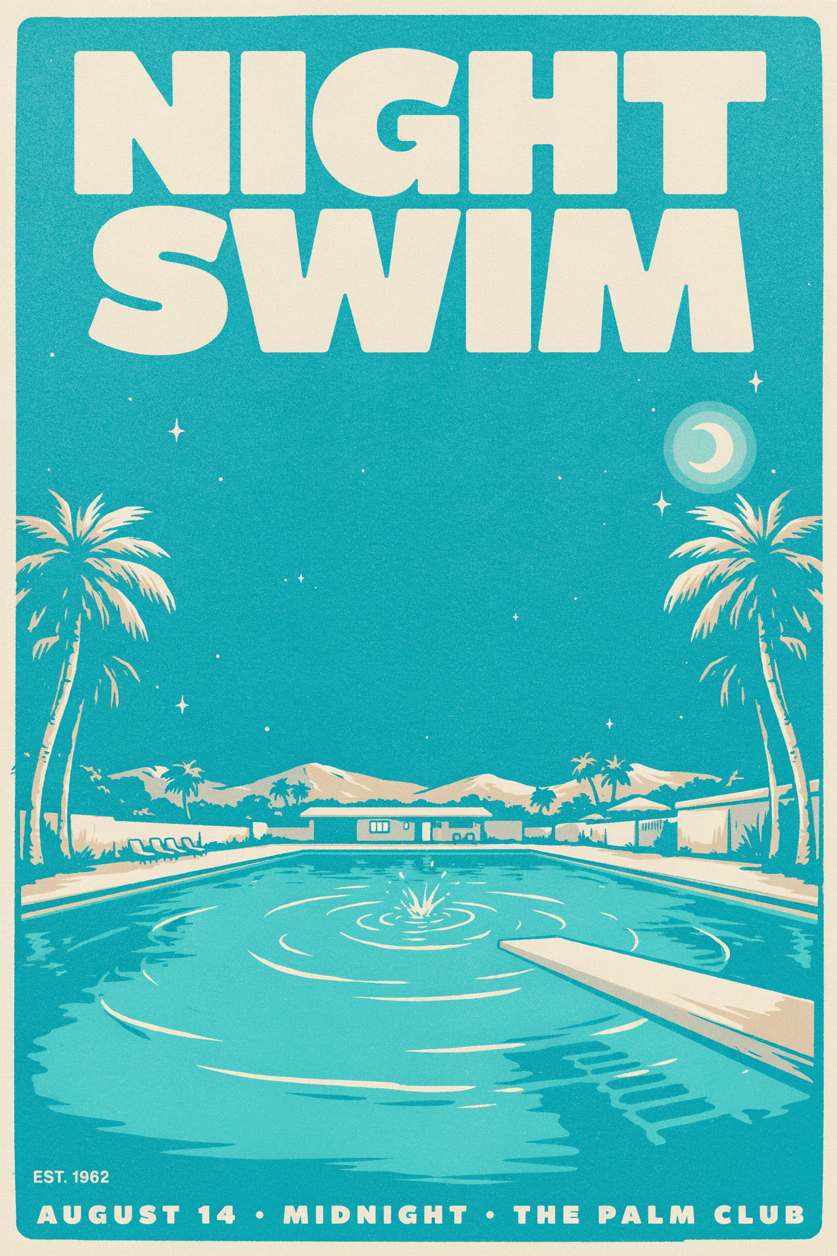 A teal and cream poster reading NIGHT SWIM over a glowing pool, palm trees and a crescent moon