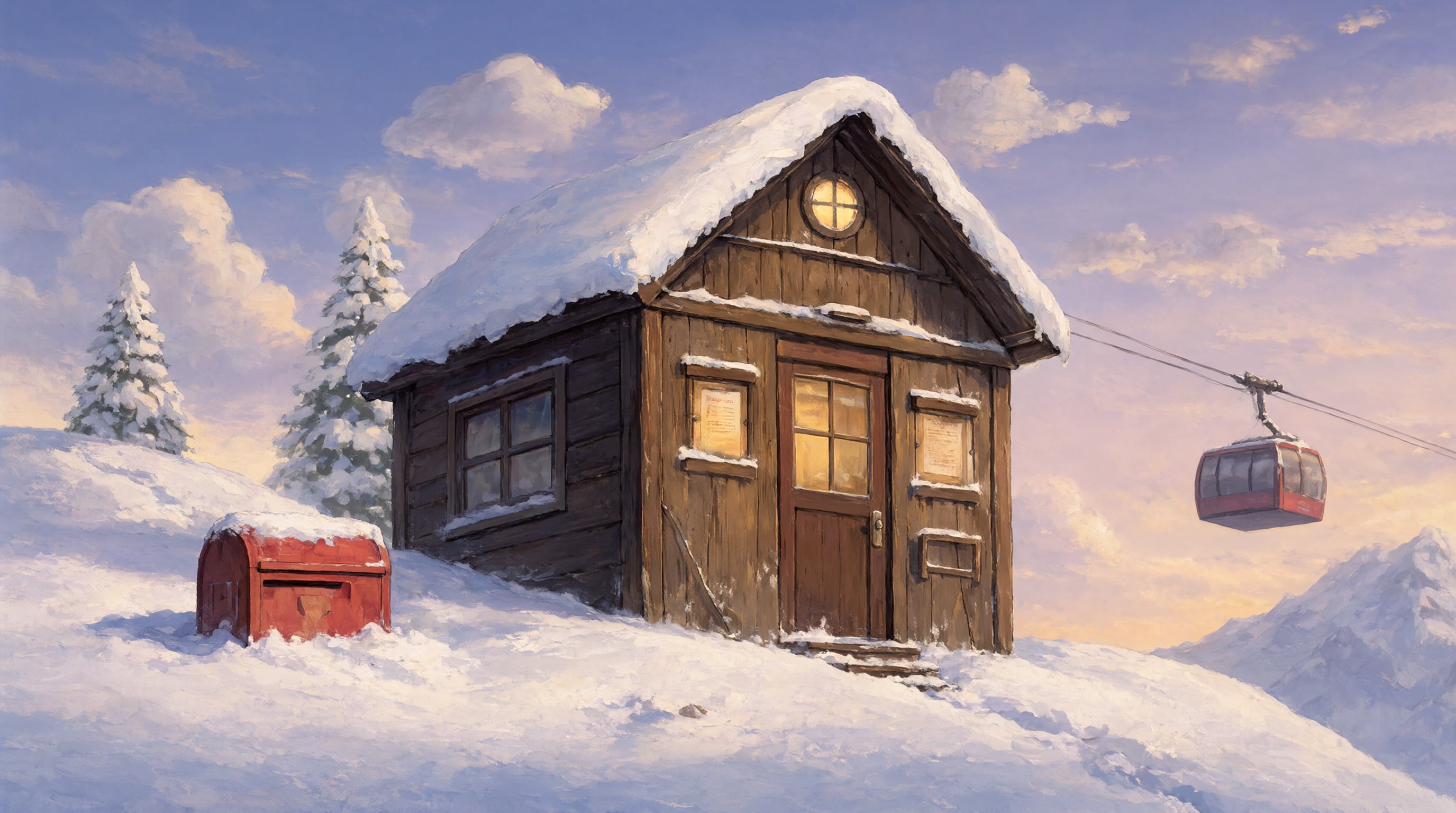 Anime style painting of a small wooden post office in deep snow with a red mailbox and a cable car overhead