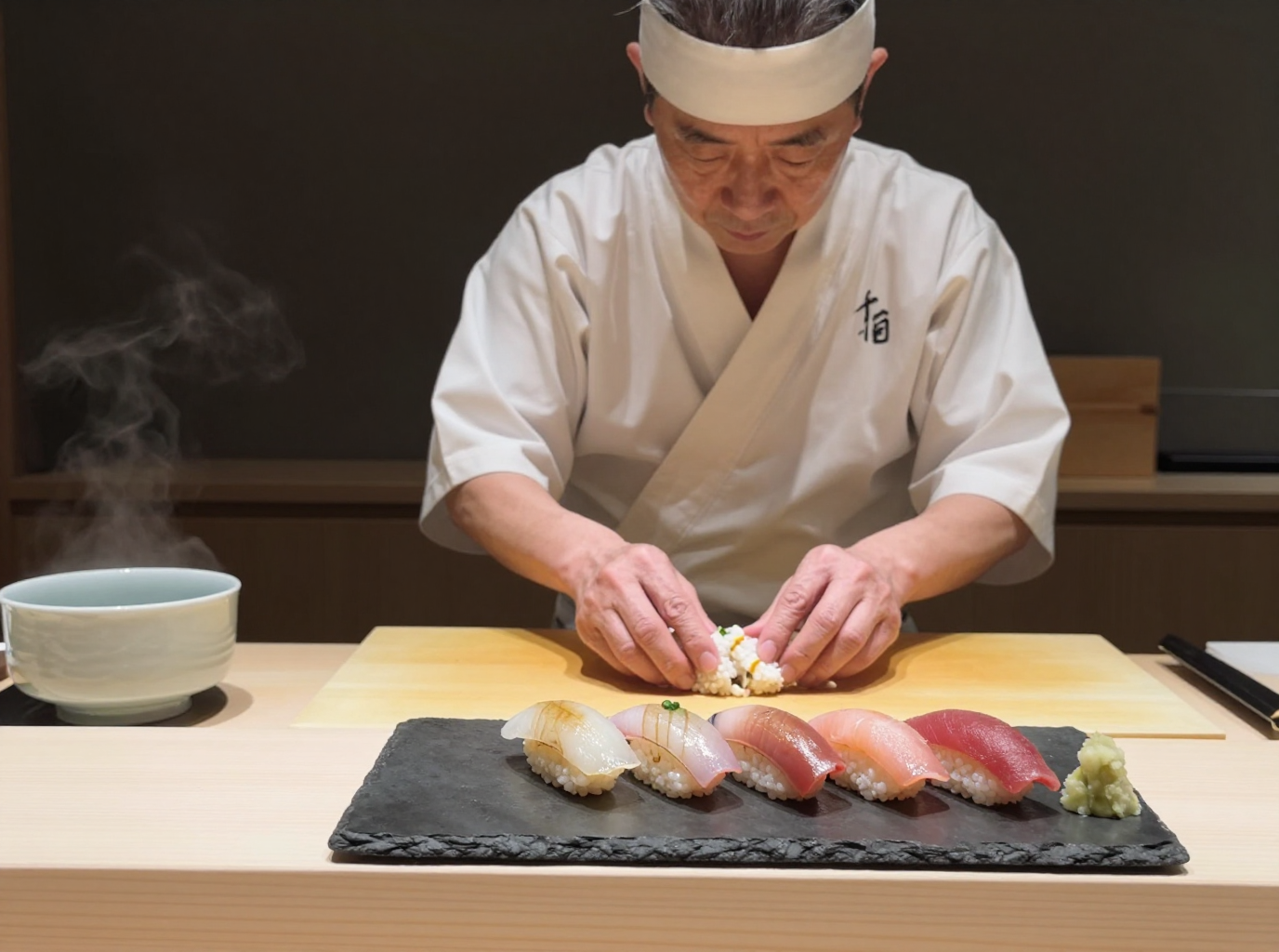 A sushi chef in a white headband presses nigiri at a pale wooden counter beside a slate of finished pieces