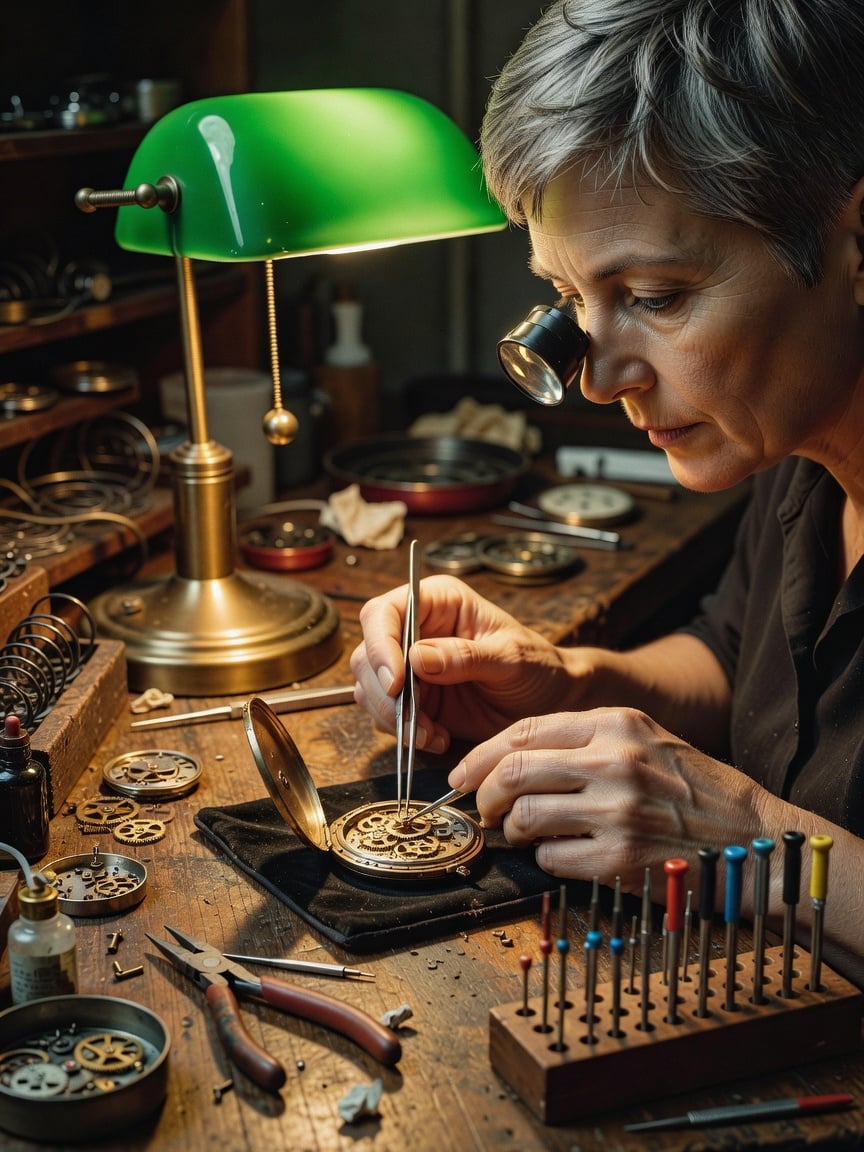 Grok Image: a wide workshop shot with a brass lamp, scattered gears and colored screwdriver handles