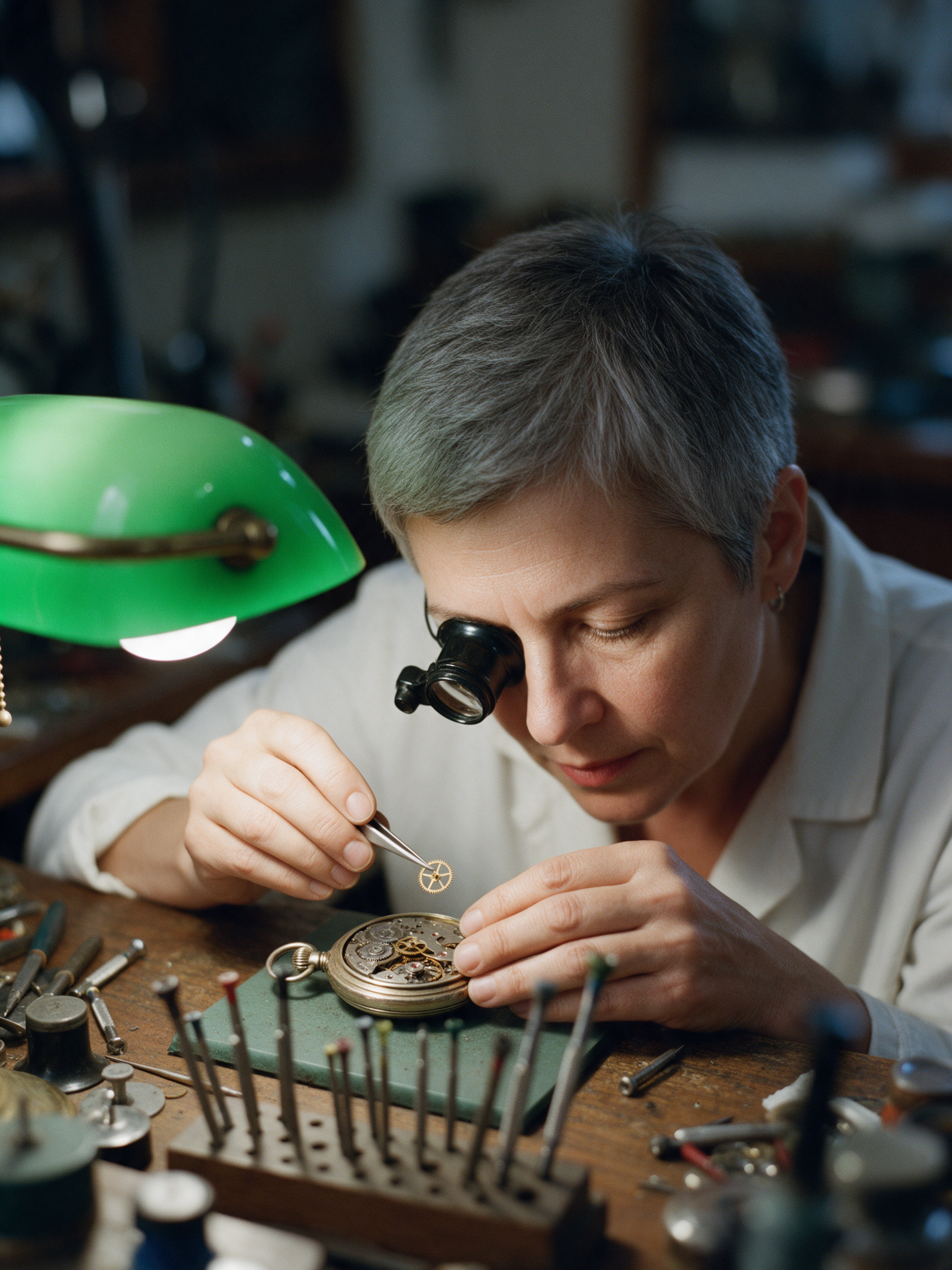 Seedream 5: a close side view of her bent over the watch with the green lamp glowing in the corner
