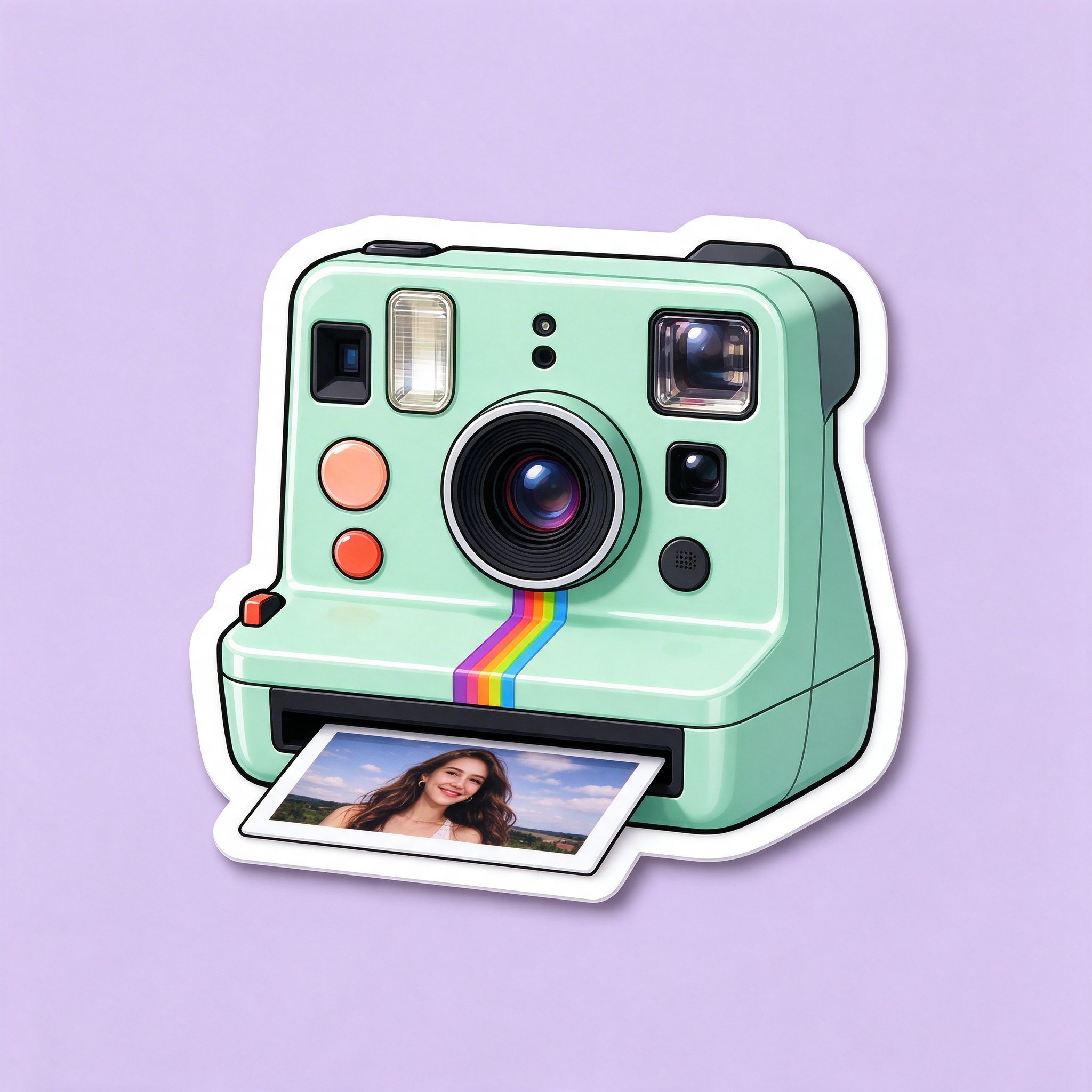 A die cut sticker of a mint green instant camera with a photo sliding out, on a lilac background