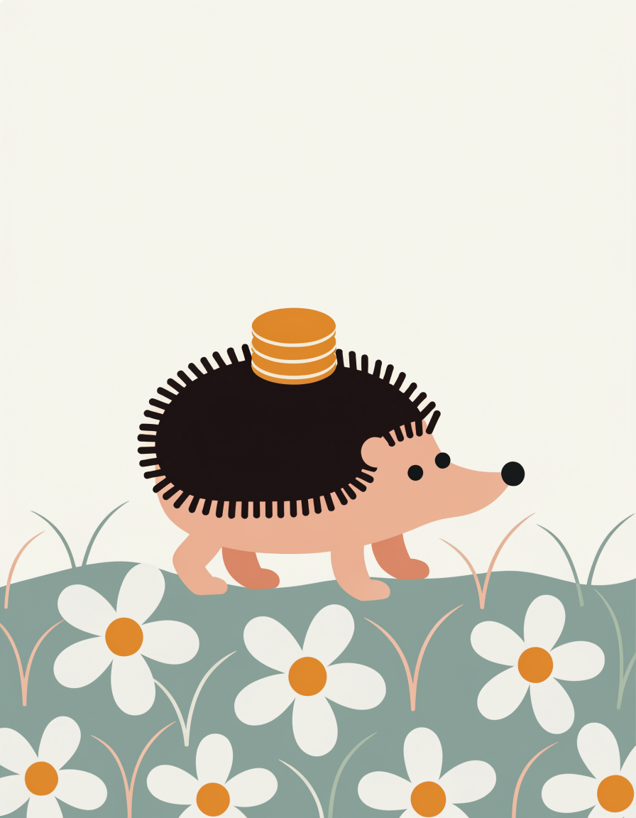 A flat vector hedgehog carrying a stack of pancakes over a field of daisies
