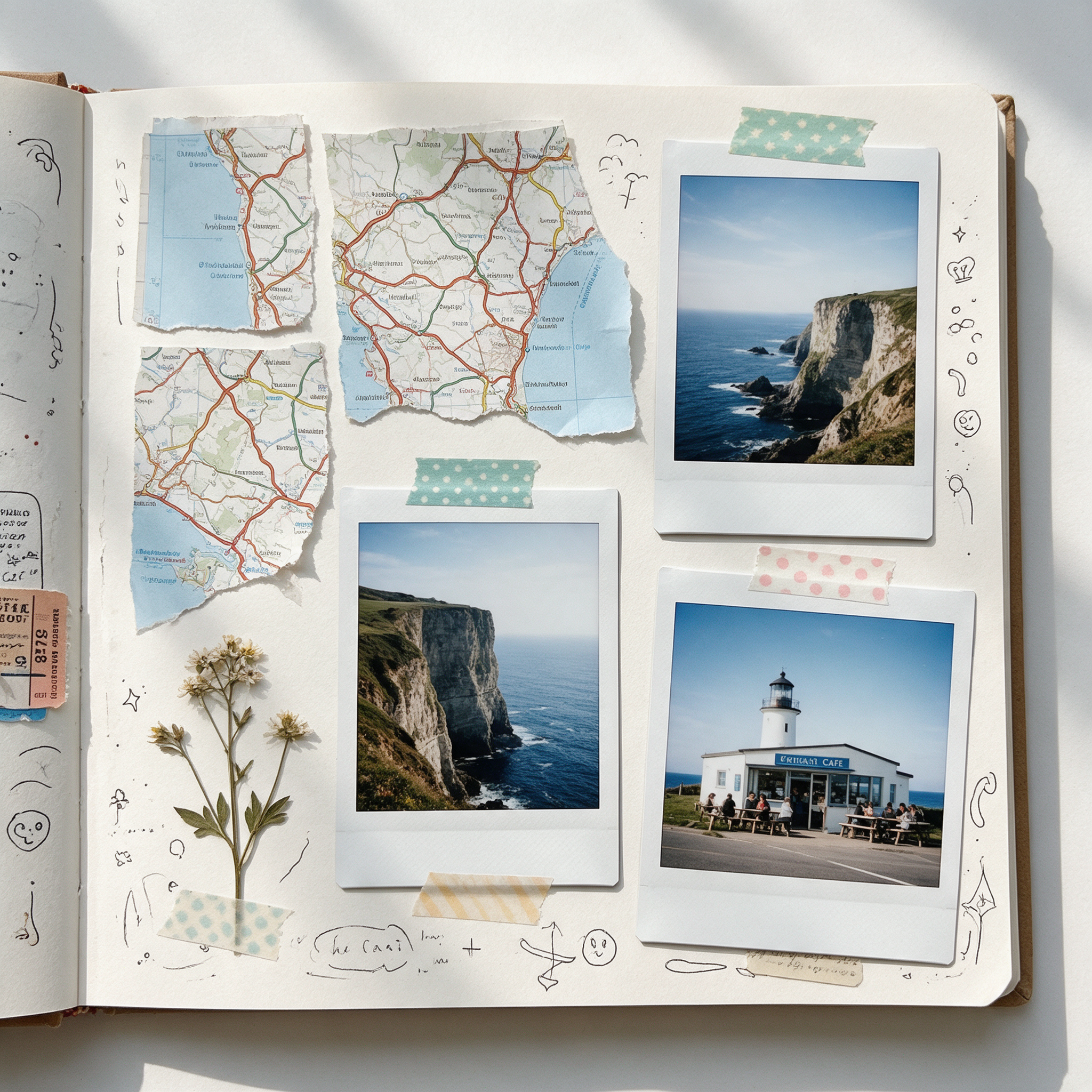 A scrapbook page with torn maps, three instant photos of sea cliffs and a lighthouse cafe, washi tape and a pressed flower