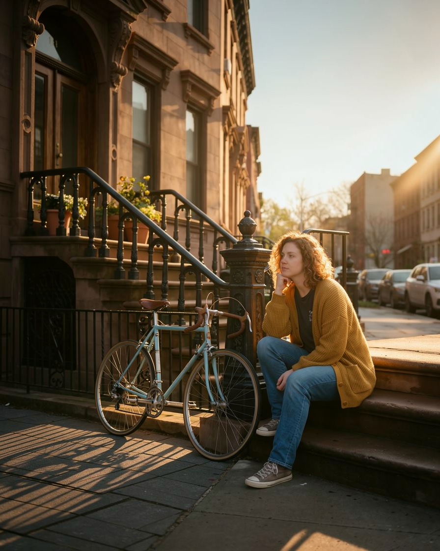 FLUX 2 Pro: the bin is gone, warm light lands on the steps and the pavement, her pose unchanged