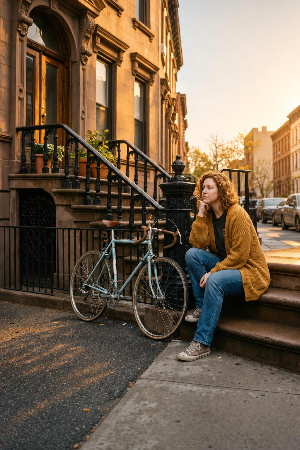 GPT Image 2 Edit: the bin is gone and warm sun lights the brownstone and the street behind her