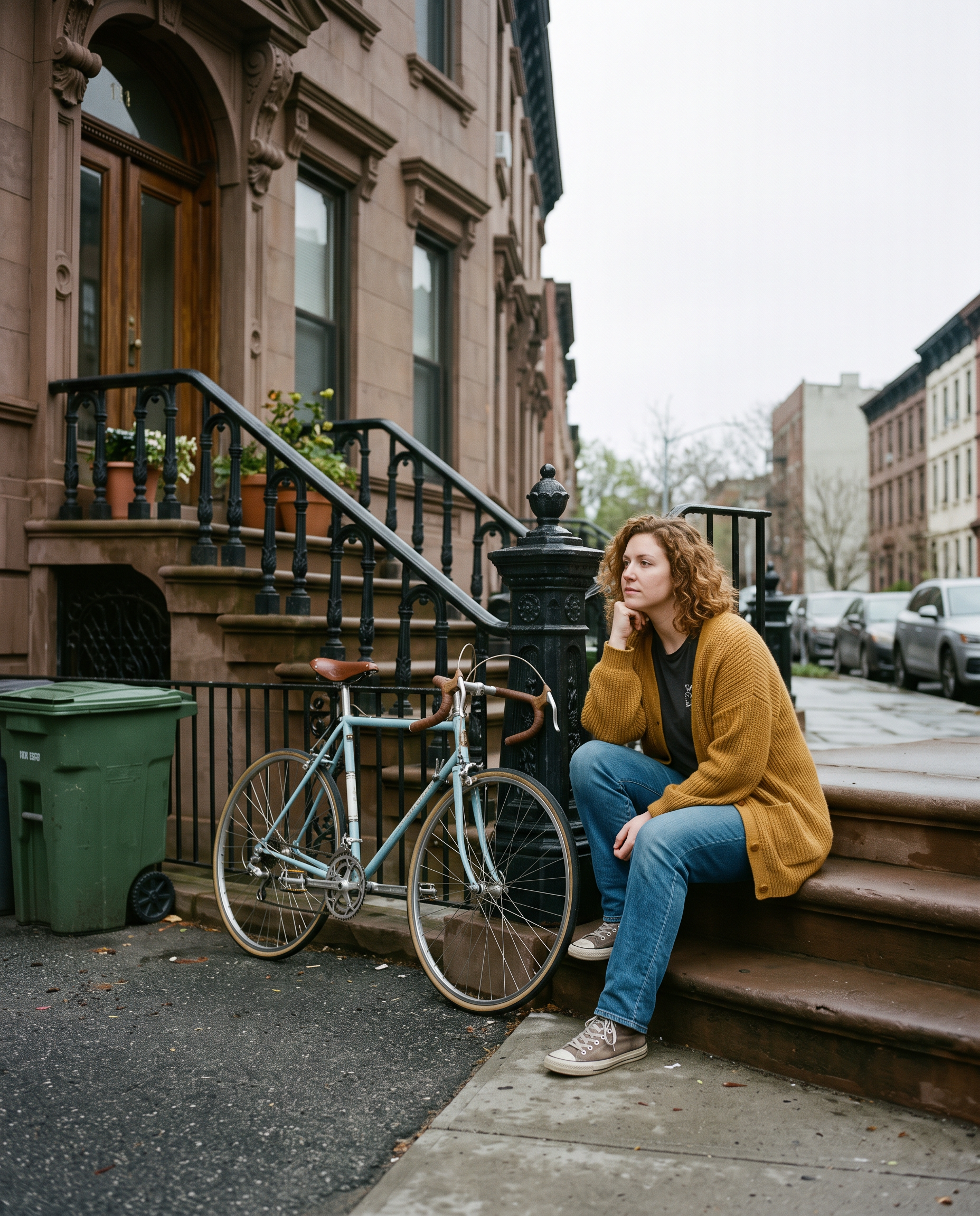 The source: a woman in a mustard cardigan on brownstone steps beside a blue road bike, a green trash bin at the curb, grey sky