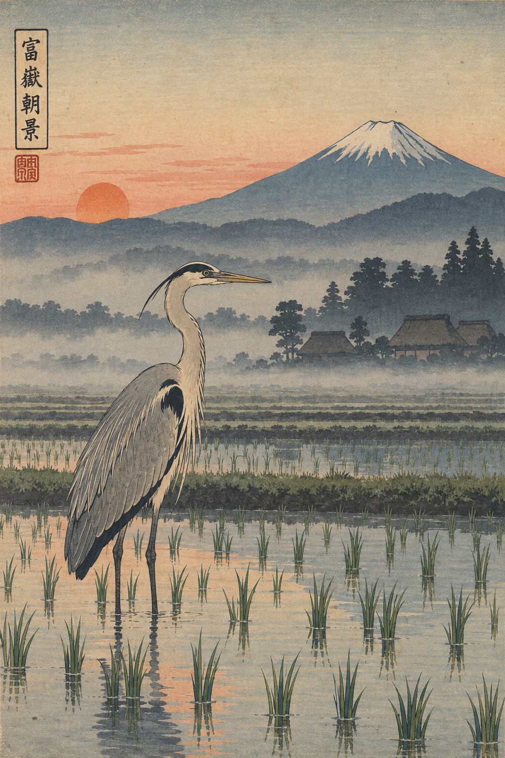 A woodblock print of a grey heron in a misty rice paddy below a snow capped mountain at dawn