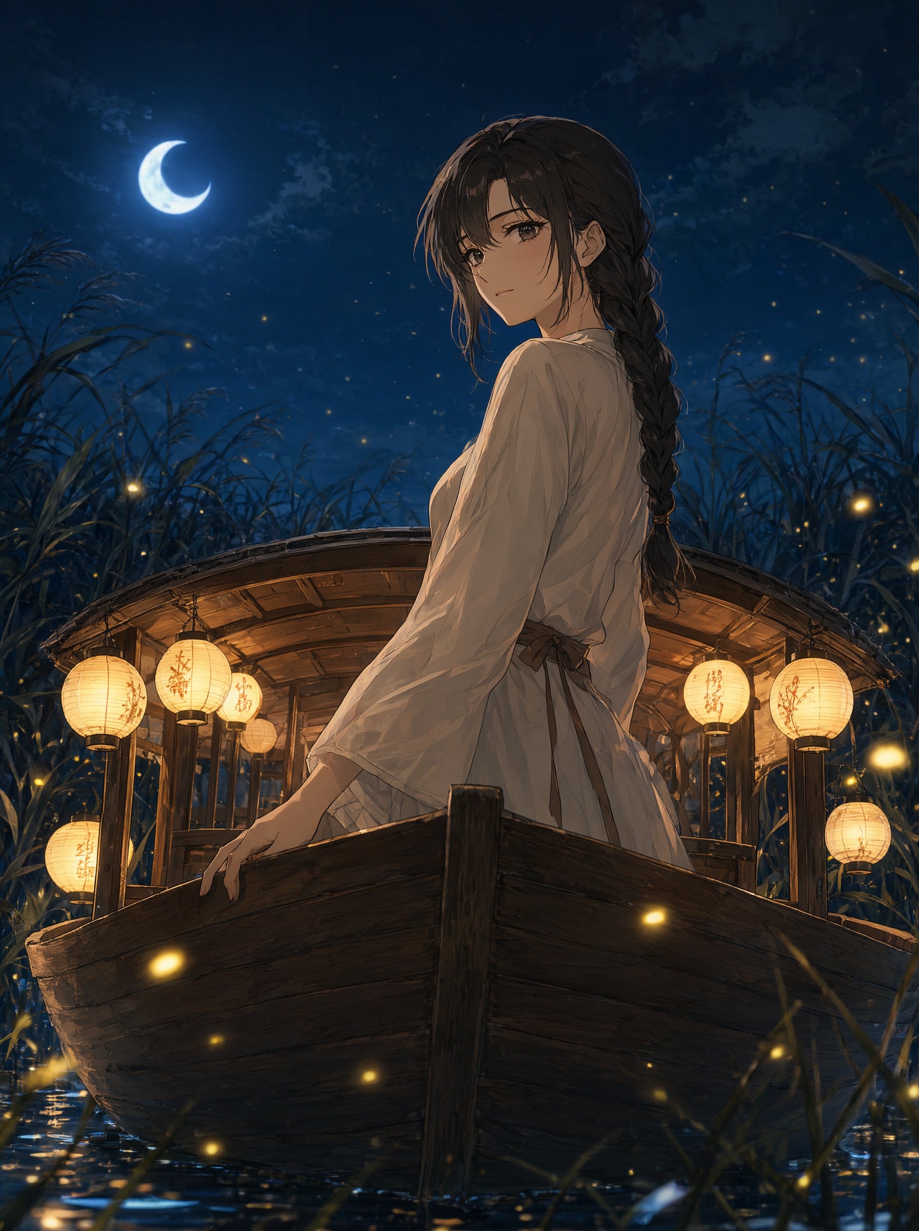 Anime art of a woman with a long braid on a lantern lit boat among fireflies under a crescent moon