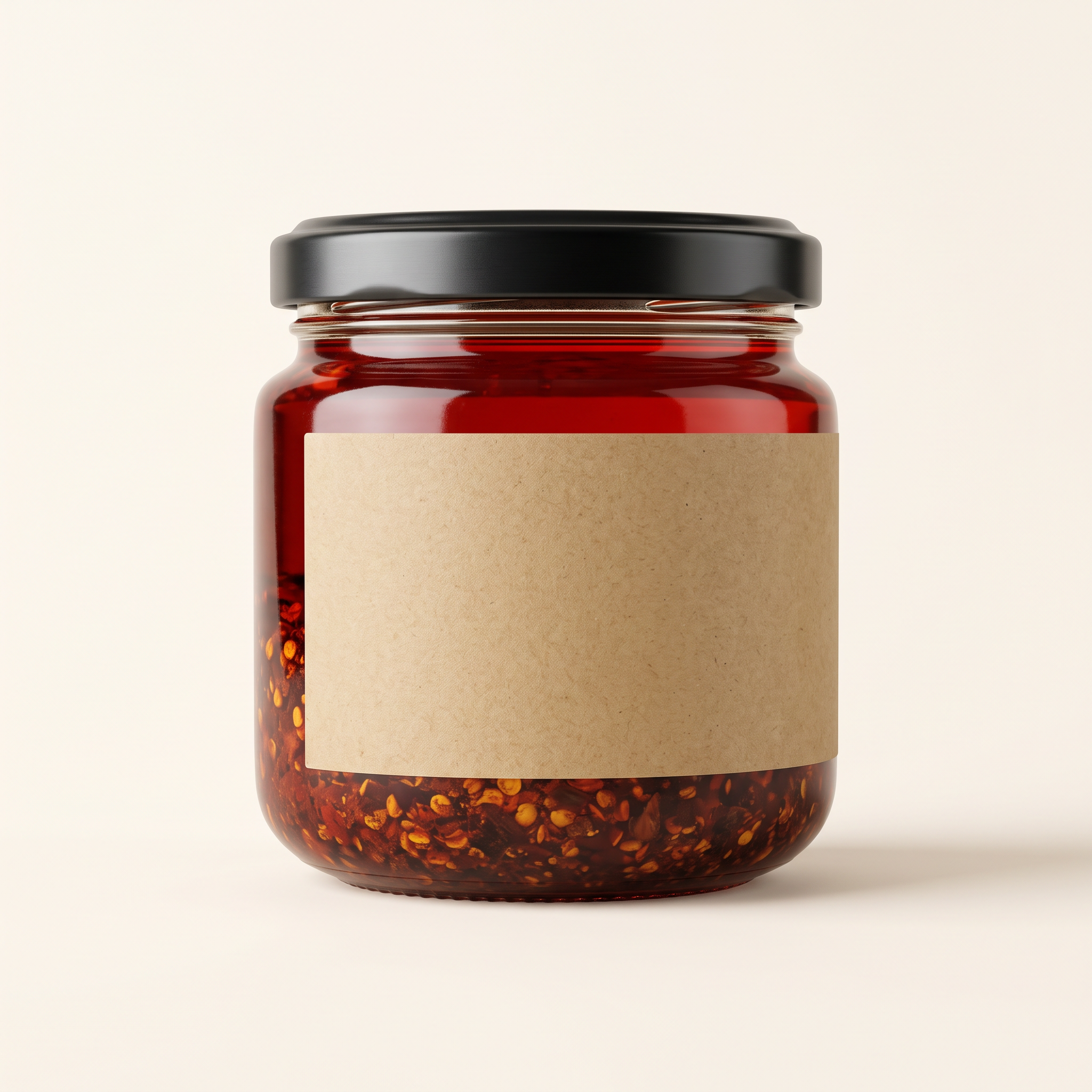 Step 1, Nano Banana 2.1: a plain packshot of a glass jar of chili crisp with a blank kraft label and a black lid