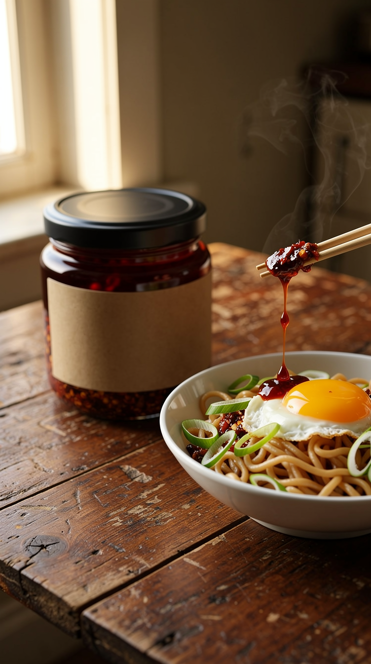 Step 2, FLUX 2 Pro: the same jar on a worn wooden table beside noodles with a fried egg, chopsticks dripping chili oil