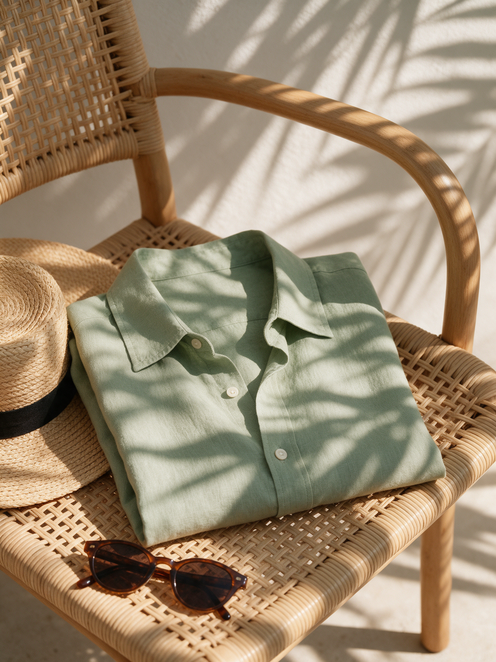 A folded sage green linen shirt on a rattan chair with a straw hat and sunglasses in palm shadow