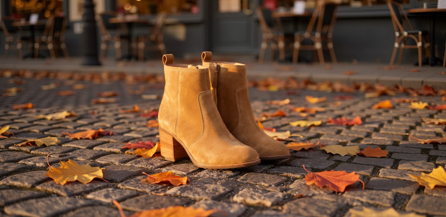 The boots photo widened into a banner with more cobblestones, leaves and cafe fronts on both sides