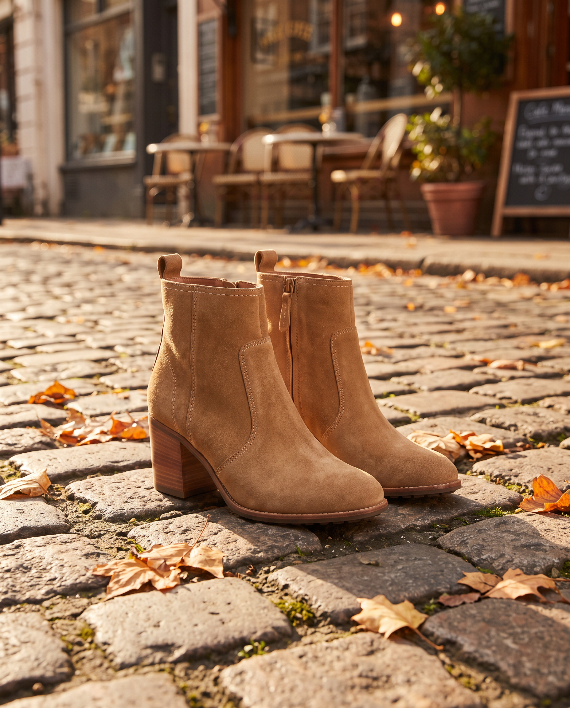 Nano Banana: the boots smaller in the frame on a long cobbled street with cafe tables and a chalkboard behind