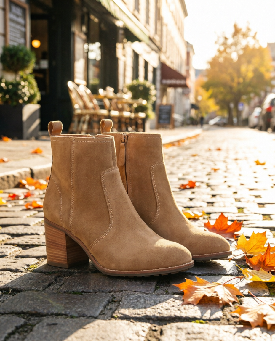 Qwen Image 2 Edit: the boots on a sunny cobbled lane with leaves and cafe chairs far down the street