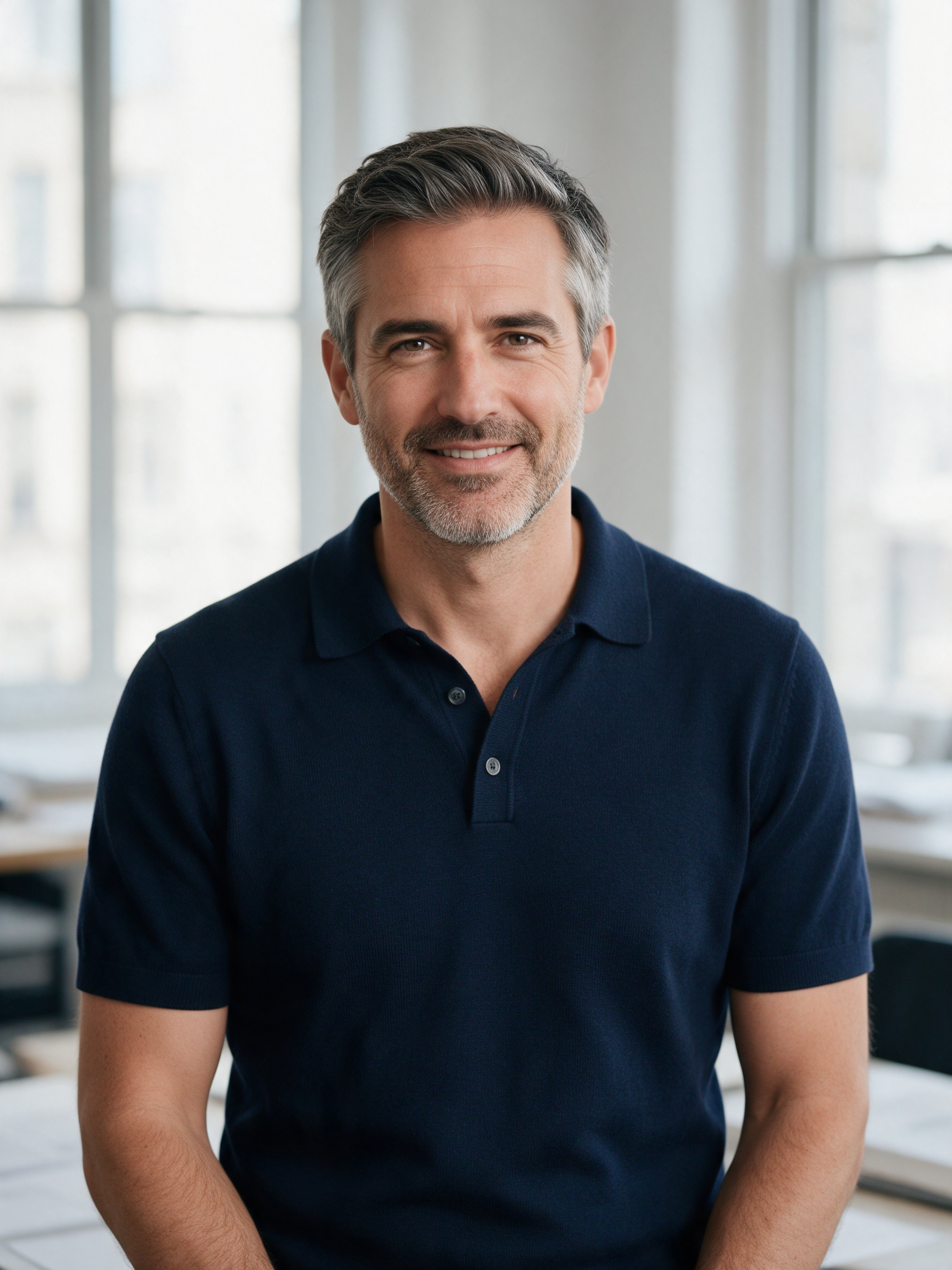 A professional headshot of an architect in his forties in a navy knit polo by a bright office window