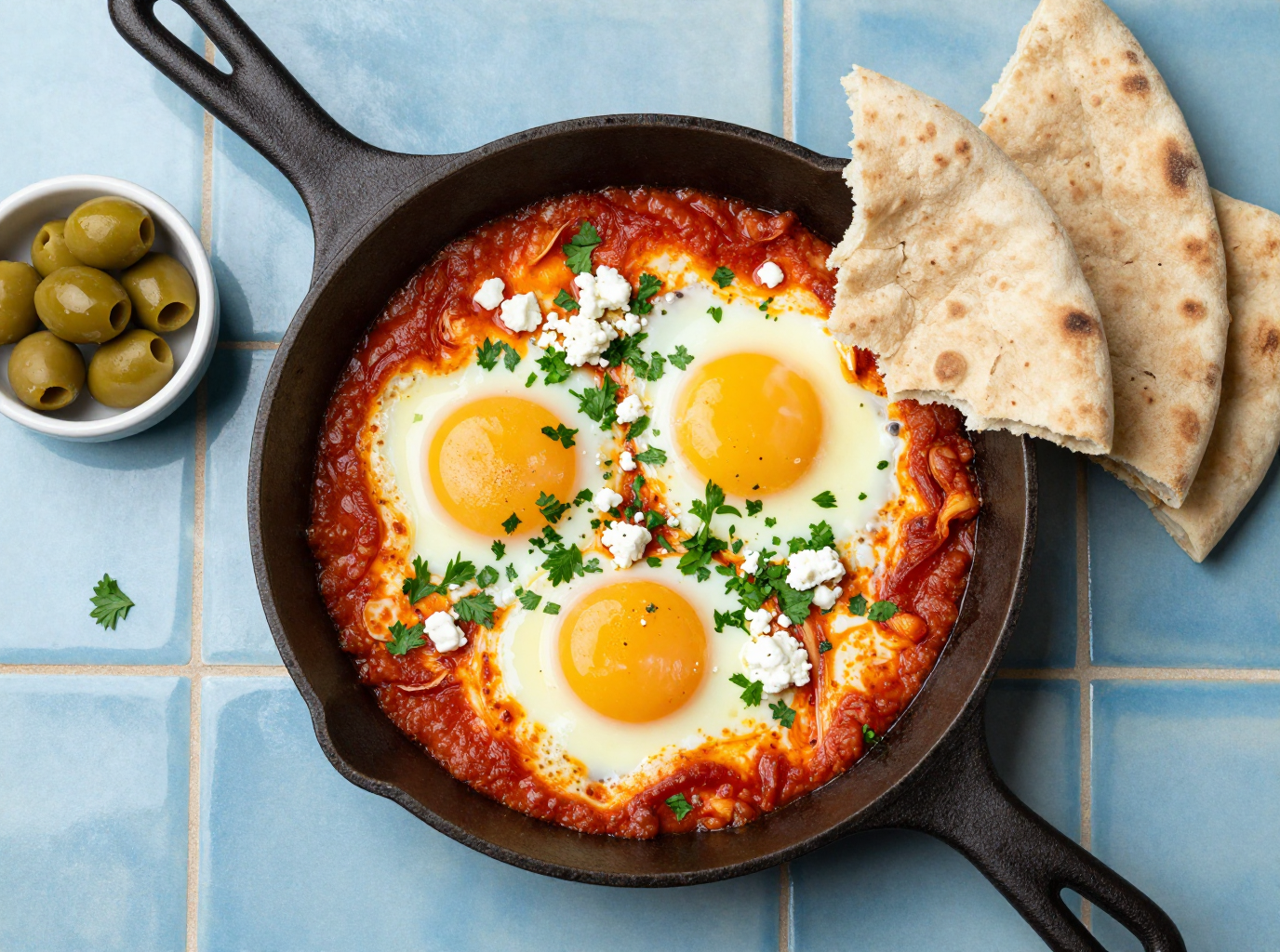 An overhead shot of shakshuka in a cast iron pan with feta, parsley, flatbread and olives on blue tiles