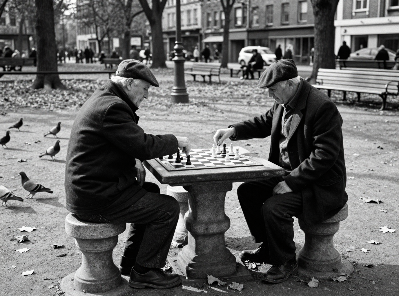 Two older men in flat caps play chess at a stone table in a park, pigeons on the gravel, in black and white