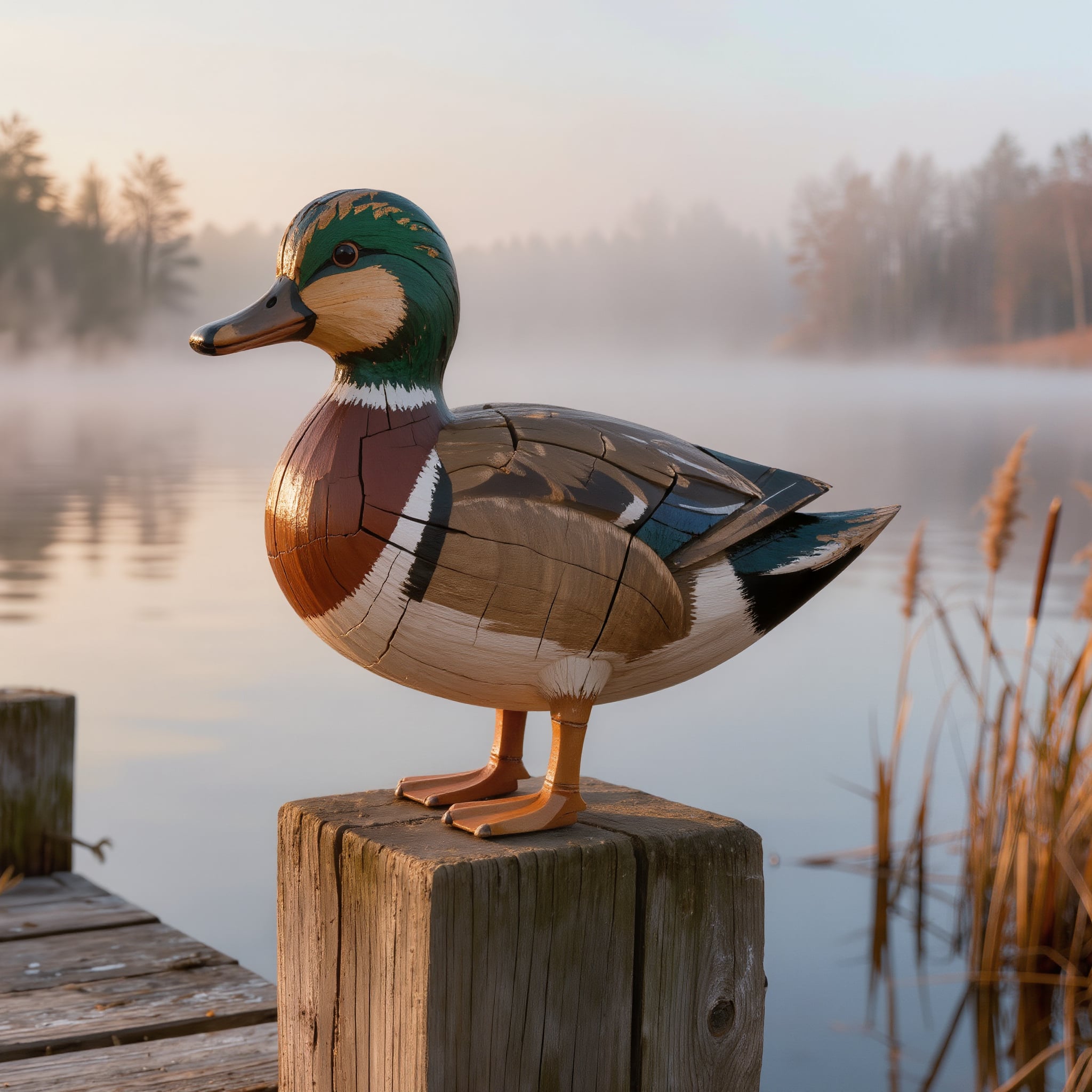 A hand painted wooden duck decoy with green and chestnut paint stands on a dock post above a misty lake at dawn