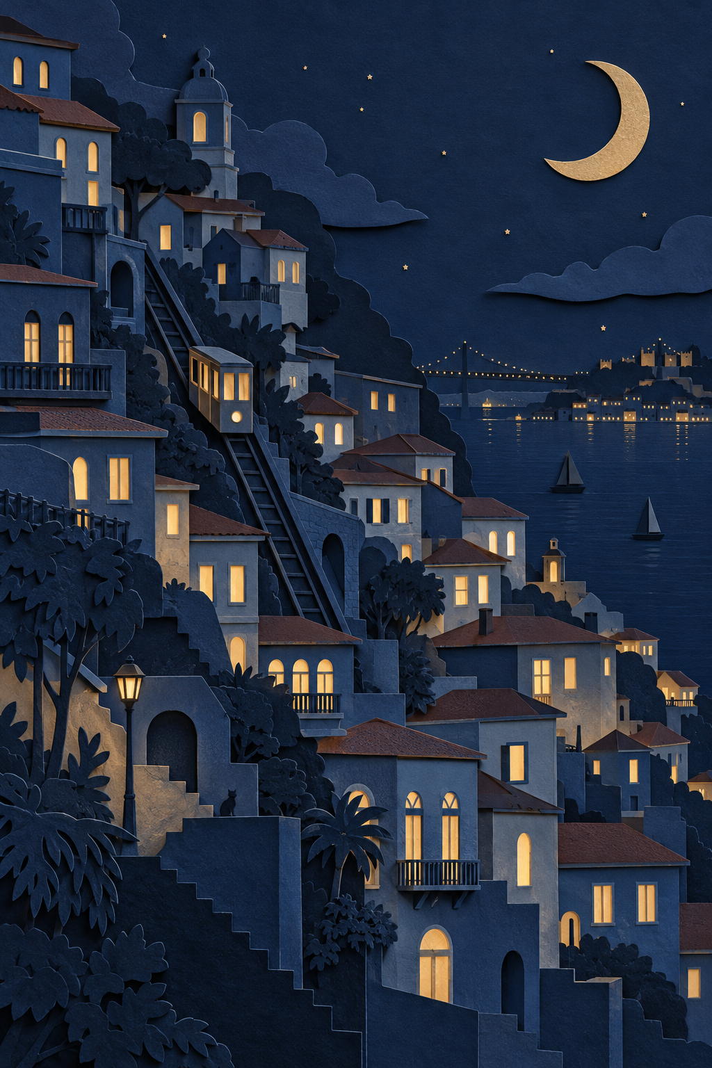 A layered paper cut hillside city at night with glowing windows, a funicular and a gold paper moon