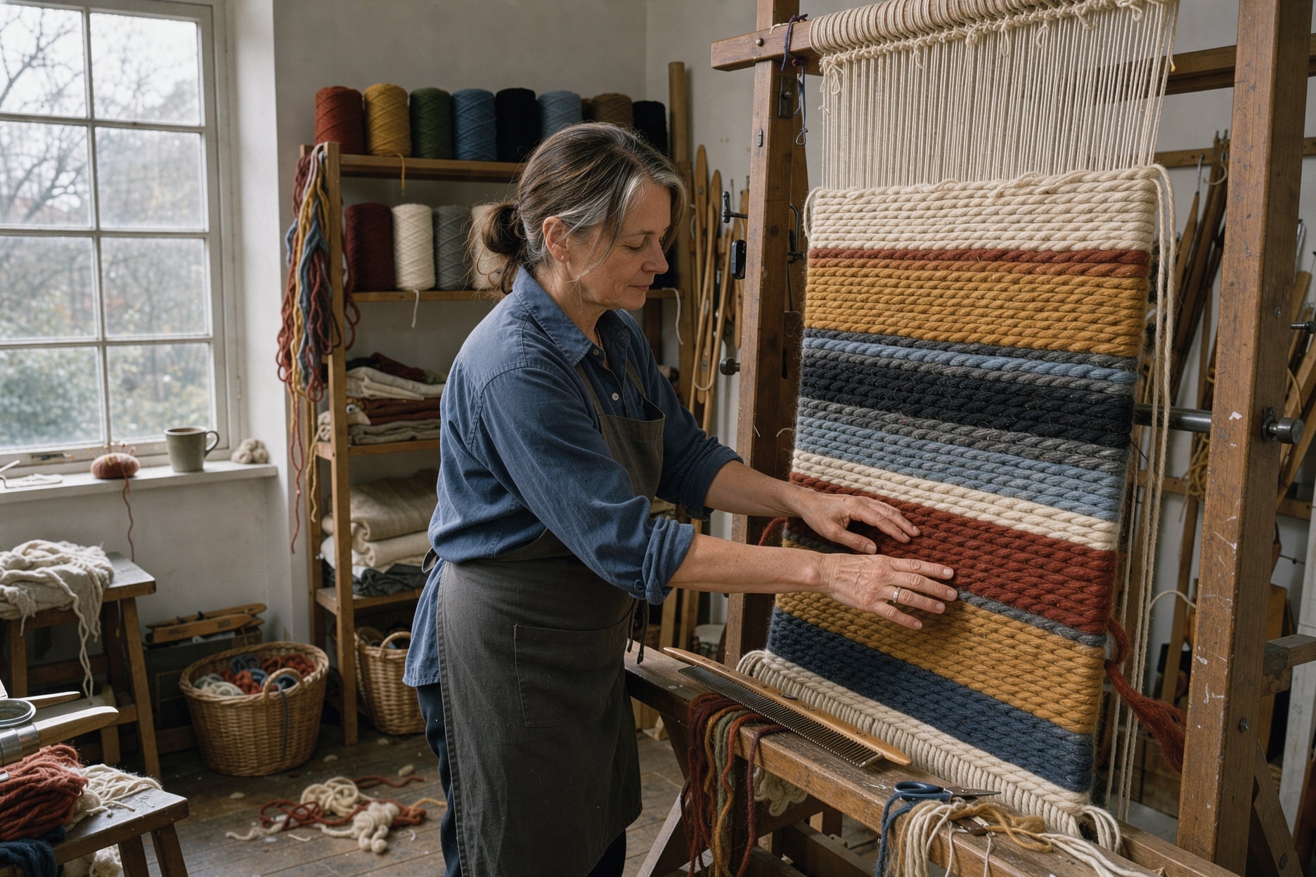 FLUX 3 Image: a weaver in a blue shirt works on a tapestry with rust, cream, gold and blue stripes