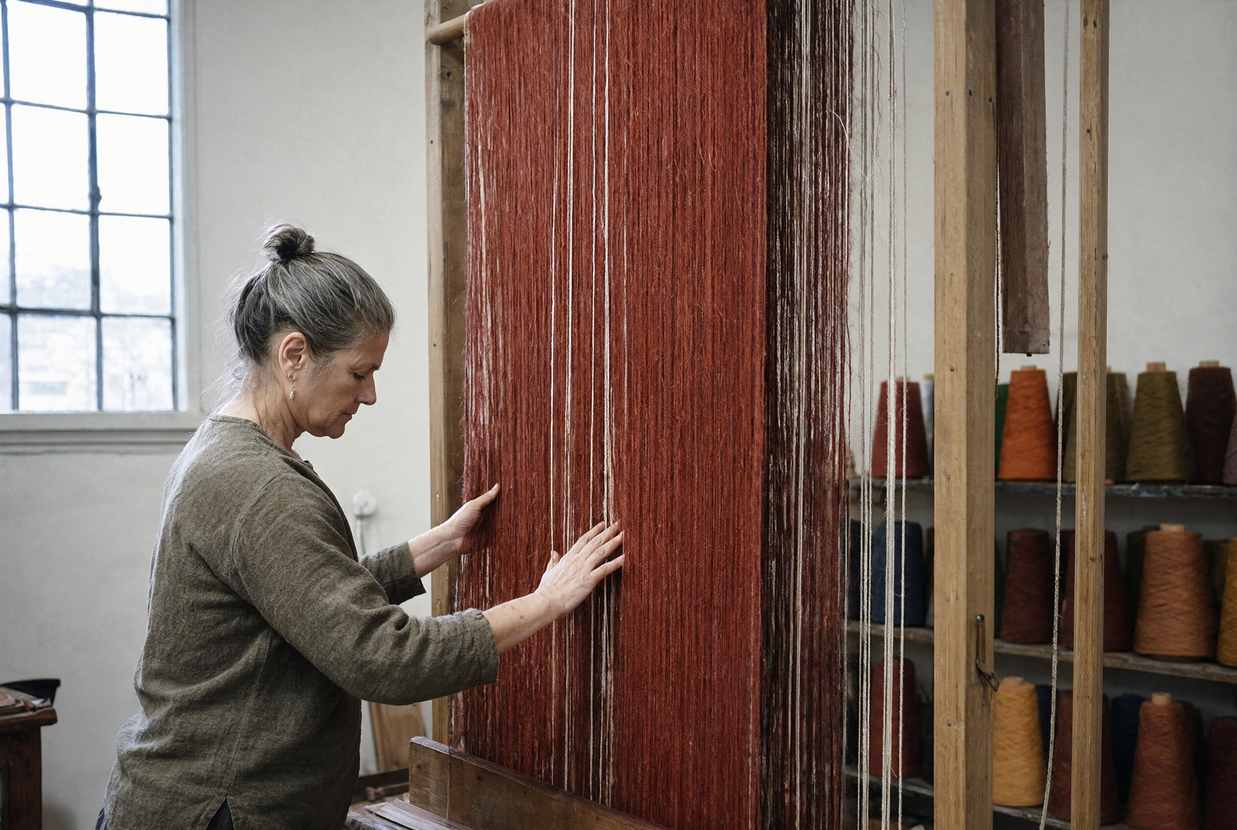 Qwen Image 2.1: a weaver presses her hands against a tall field of red warp threads