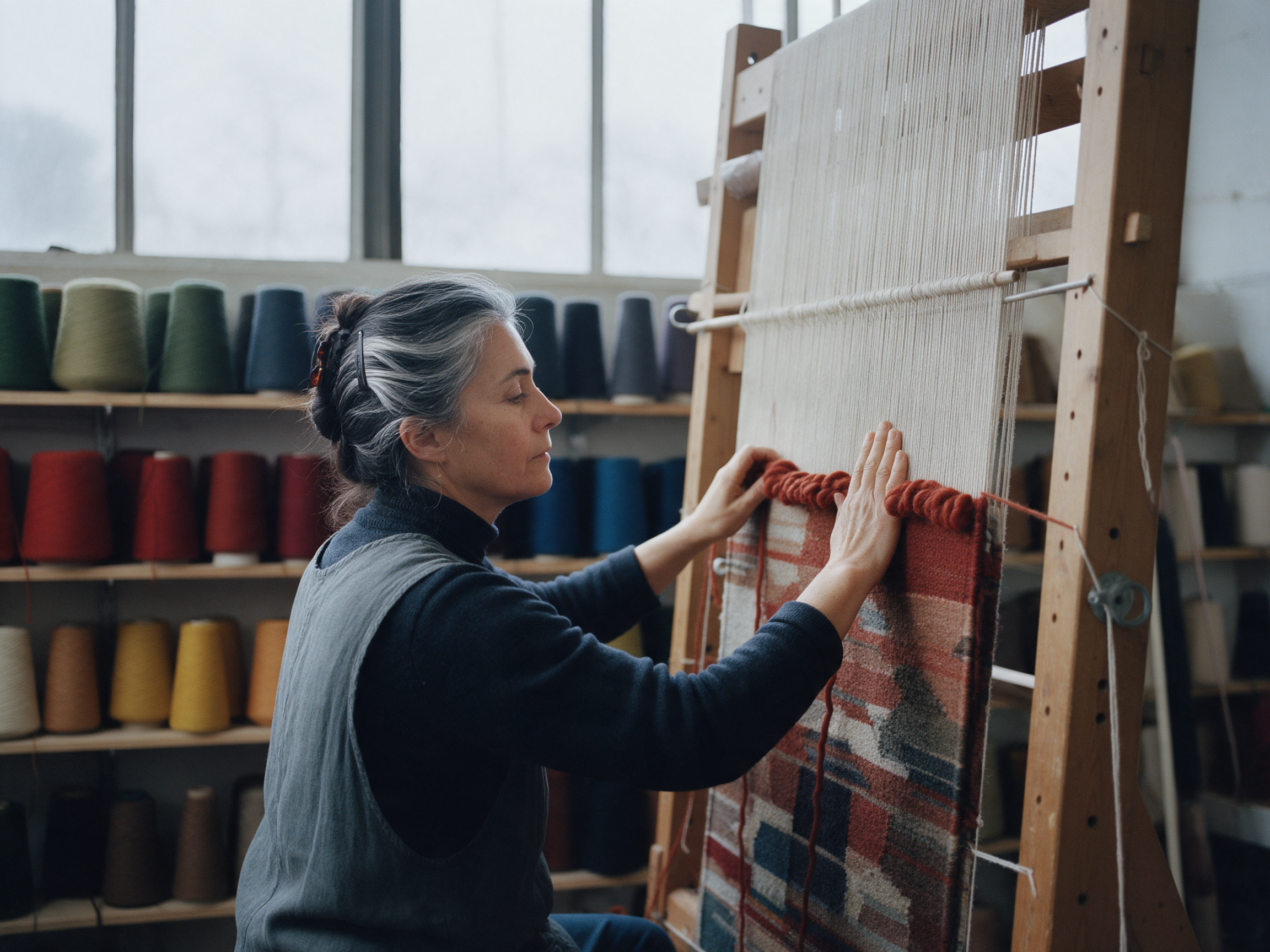 Seedream 5: a weaver with a grey bun presses rust wool into a tapestry by the studio window