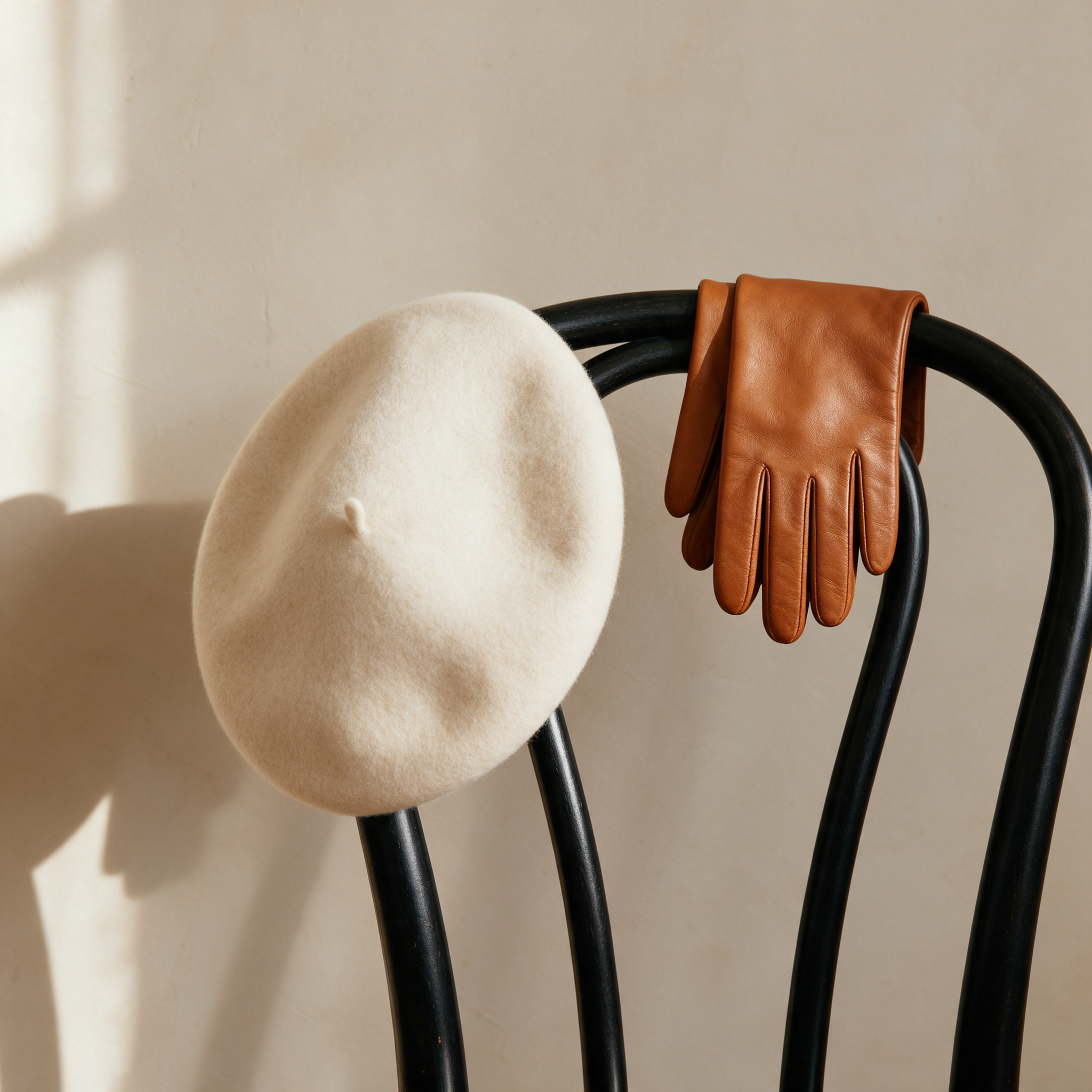 A cream wool beret and tan leather gloves hang on a black bentwood chair against a warm plaster wall