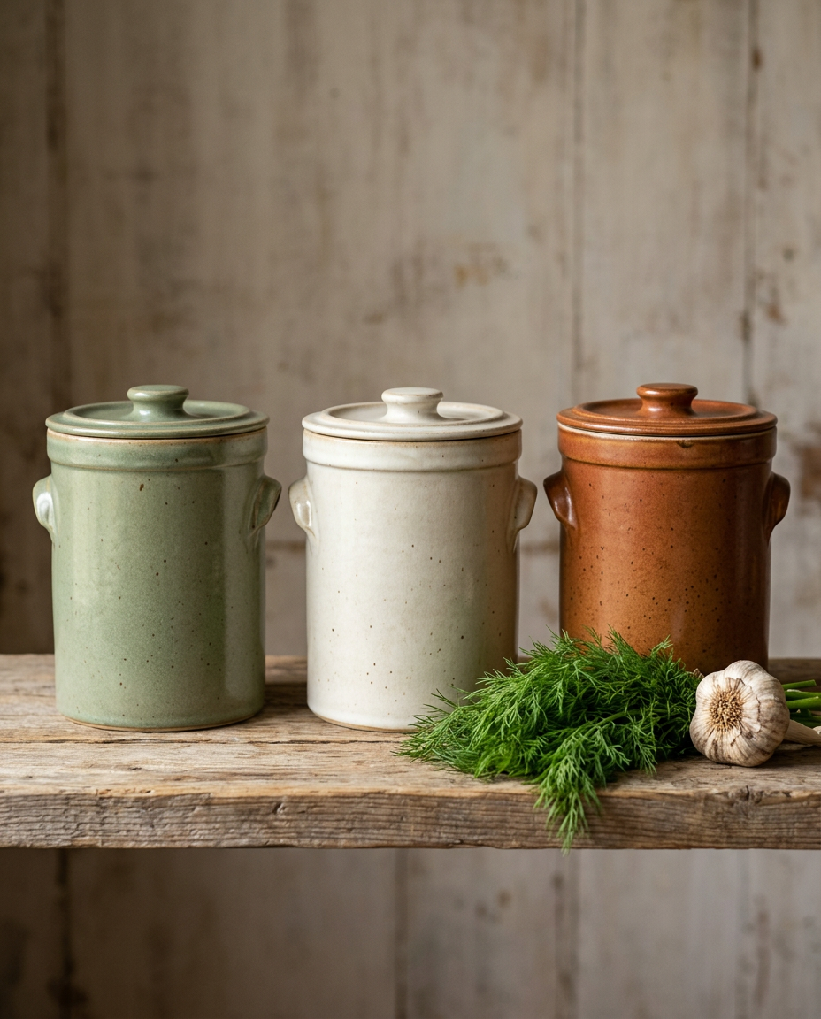 Three stoneware fermentation crocks in sage, cream and rust glazes on a pine shelf with dill and garlic