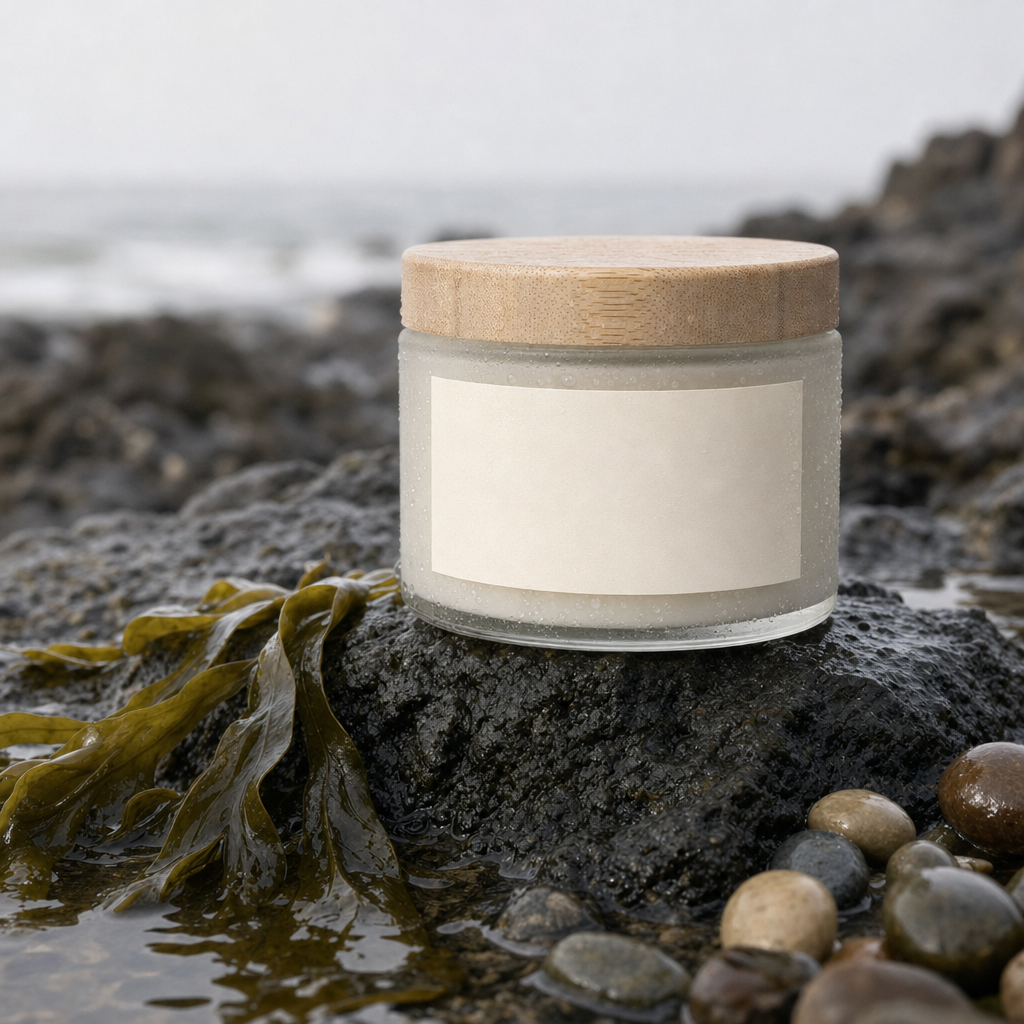 GPT Image 2 Edit: the jar on a dark rock with kelp and pebbles under a grey sea sky