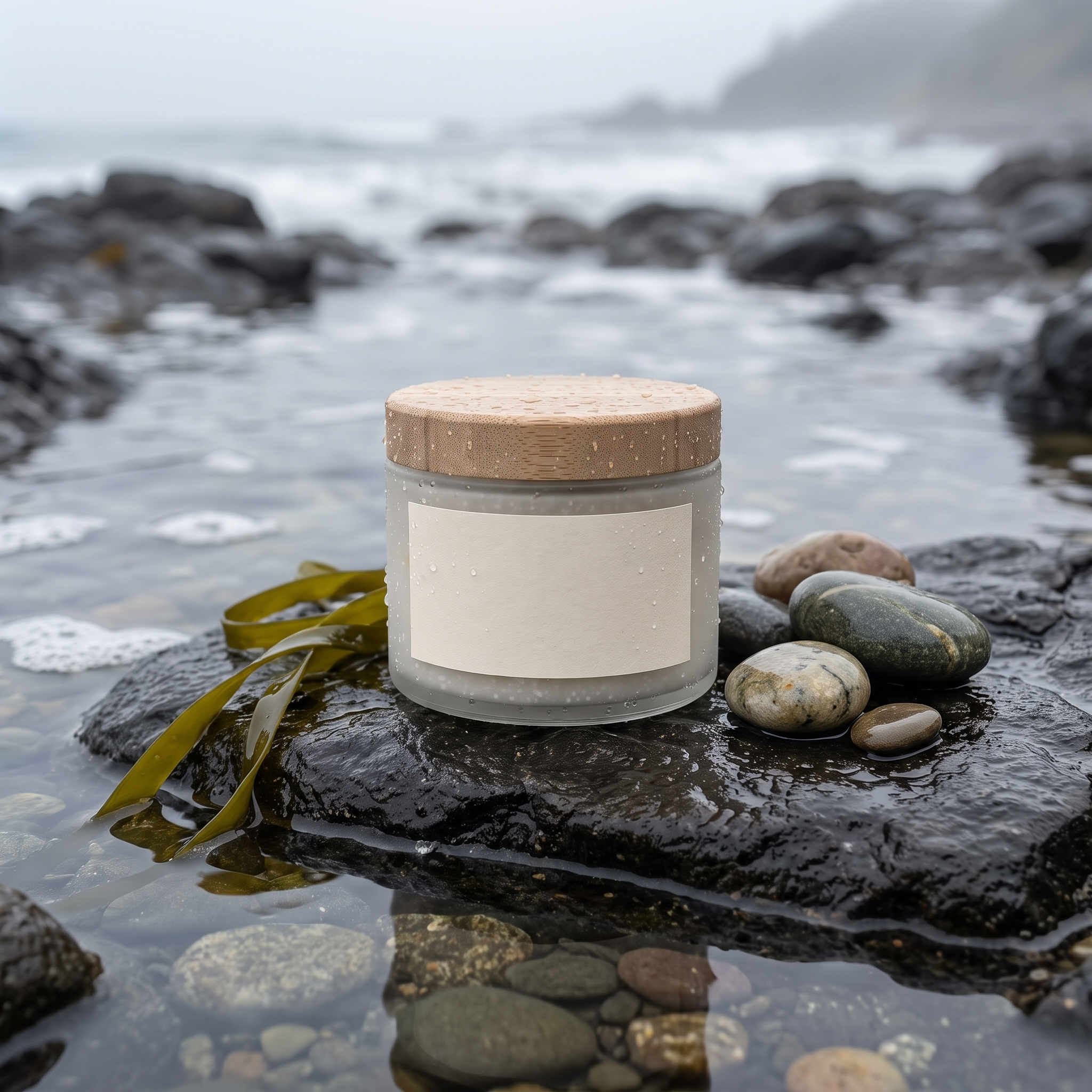 Nano Banana Edit: the jar sits small on a black rock in a tide pool with kelp and pebbles