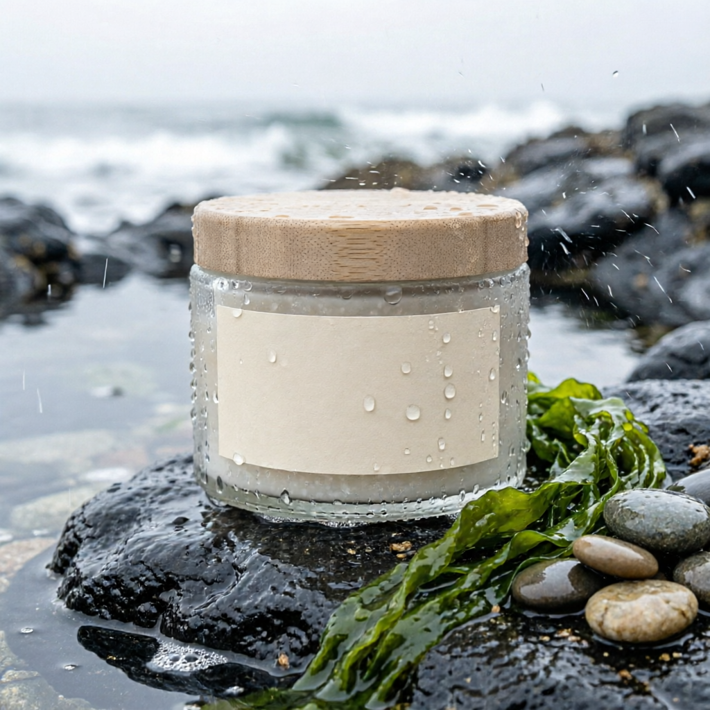 Qwen Image 2 Edit: the jar close up on wet basalt with water droplets, kelp and pebbles