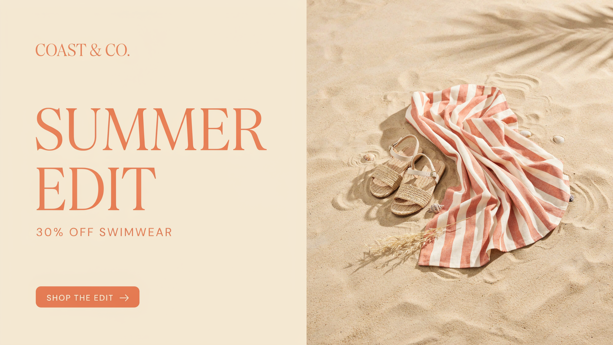 A cream and coral web banner reading SUMMER EDIT and 30% OFF SWIMWEAR beside a striped towel and sandals on sand