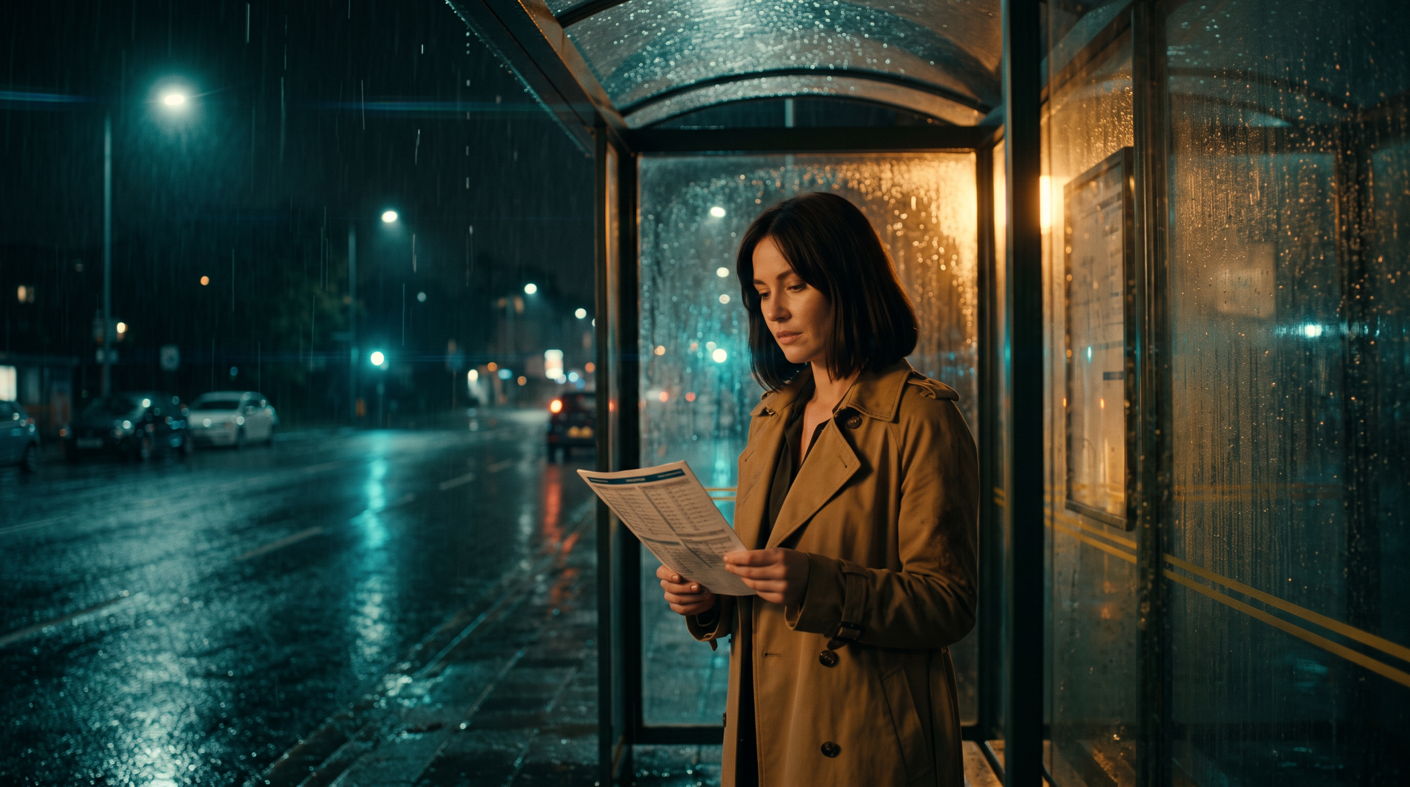 The character still: a woman in a trench coat reads a paper timetable inside a rainy night bus shelter