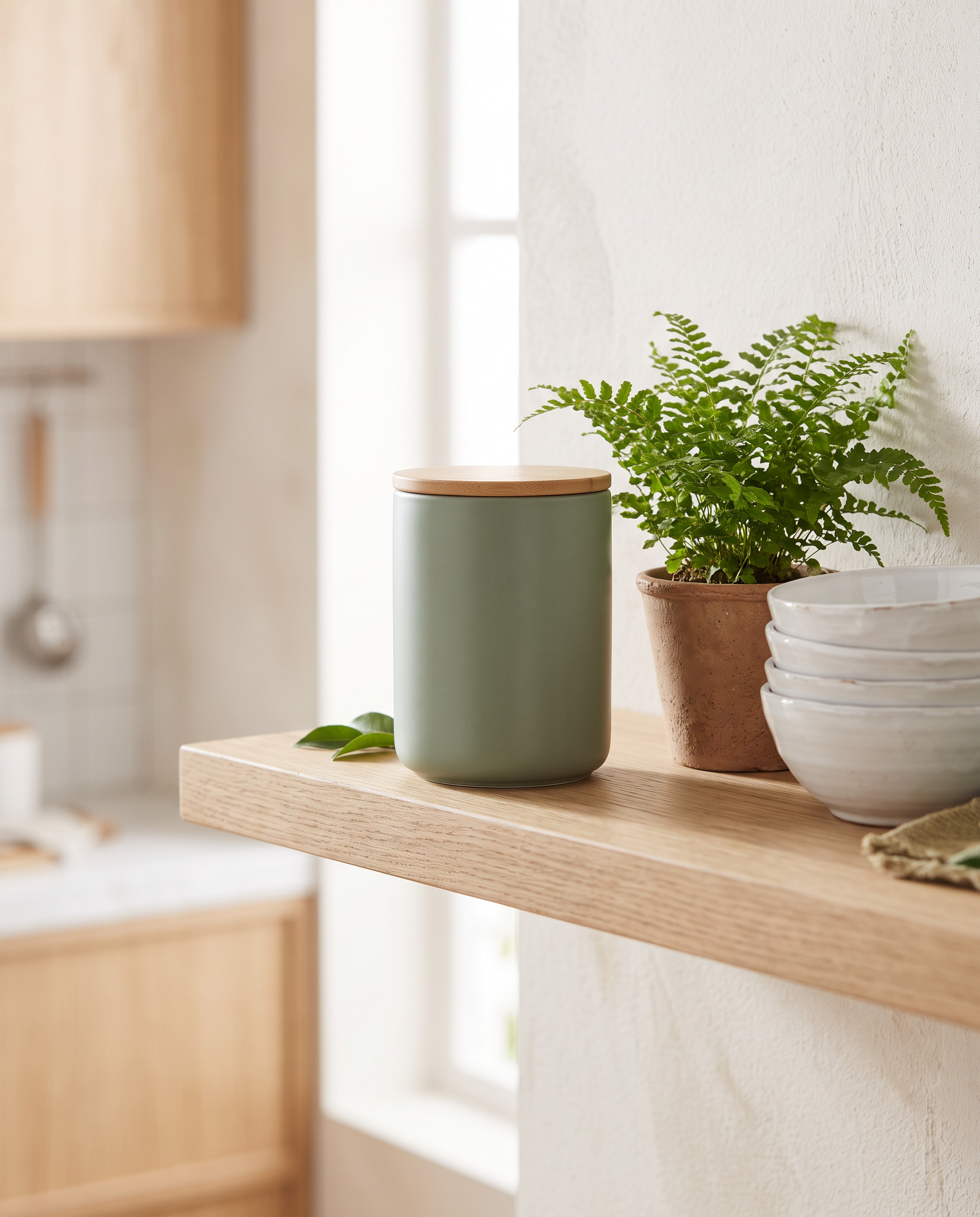 Step 3: the same tin on a floating oak shelf beside a fern and white bowls