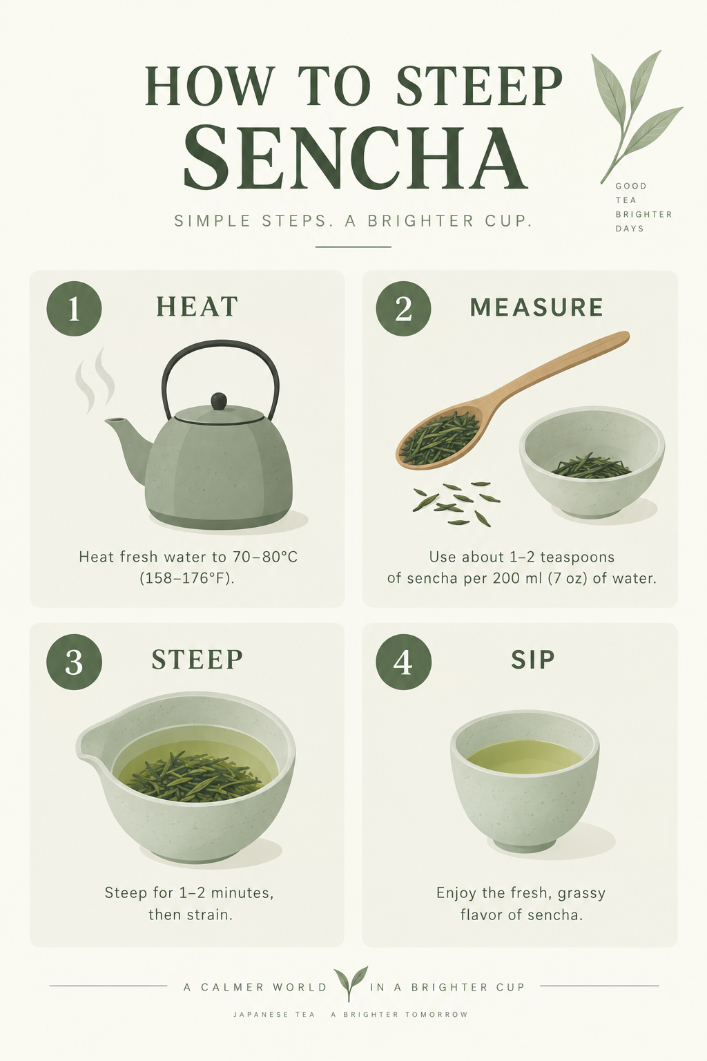 A sage green infographic titled HOW TO STEEP SENCHA with four numbered steps: heat, measure, steep, sip