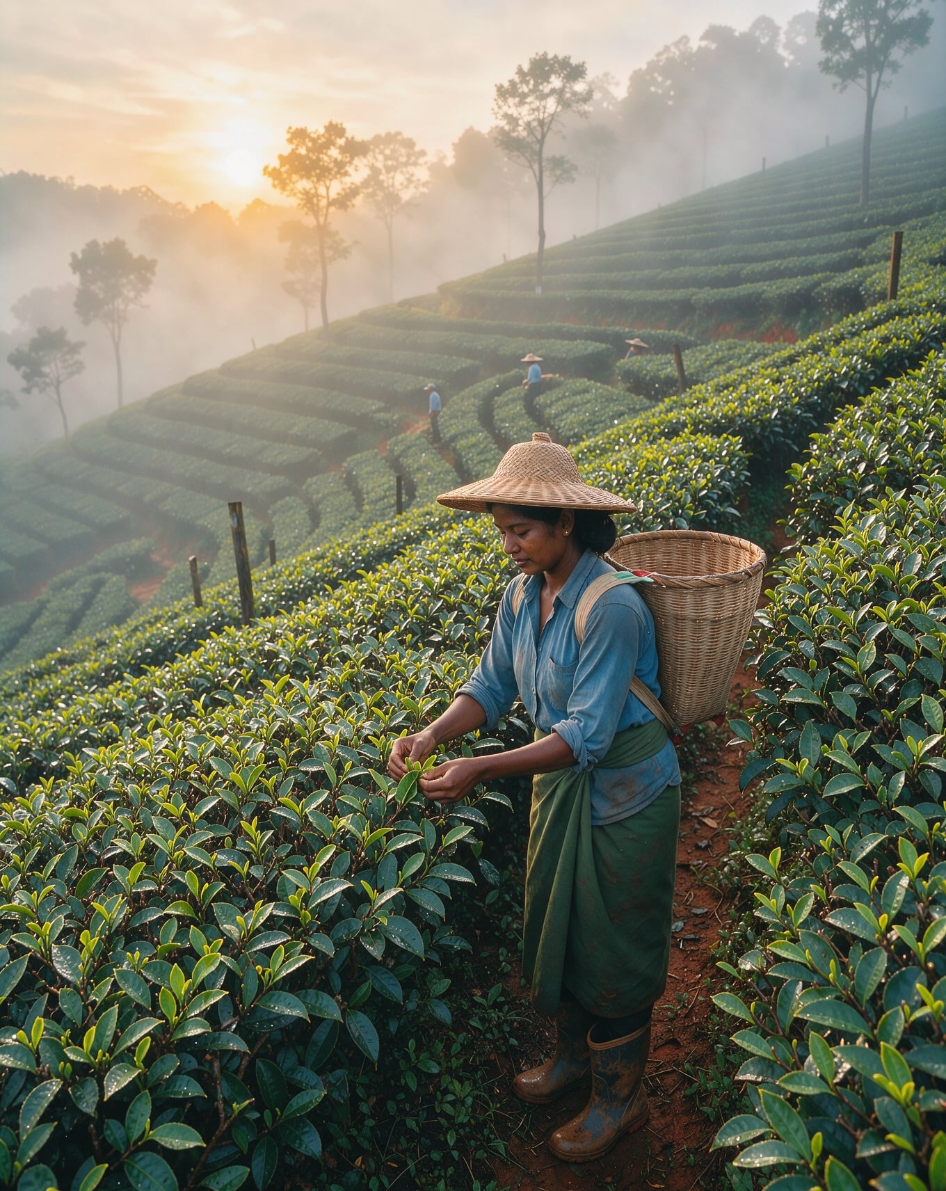 A tea picker in a straw hat works terraced bushes on a misty hillside at sunrise